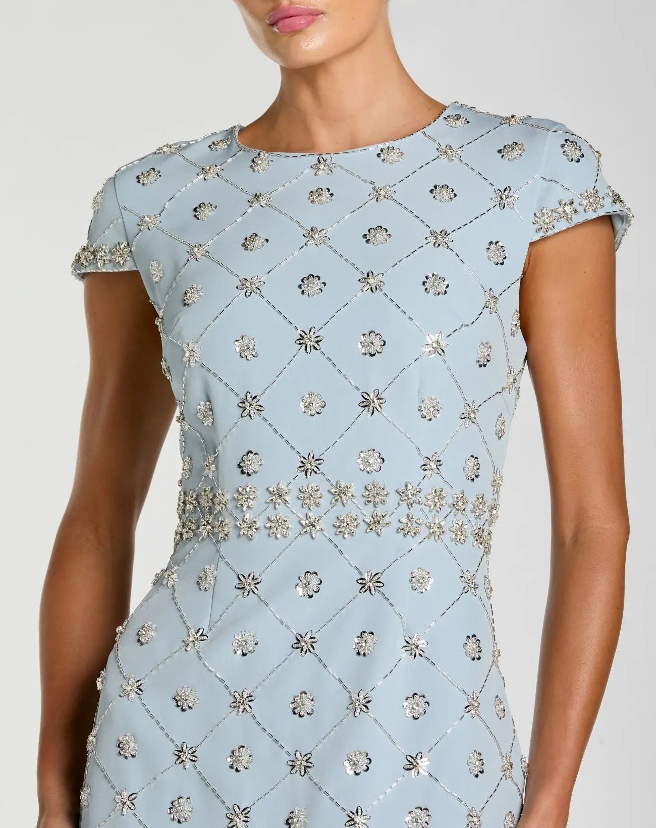 Blue Hand Embellished High Neck Midi Dress | Mac Duggal