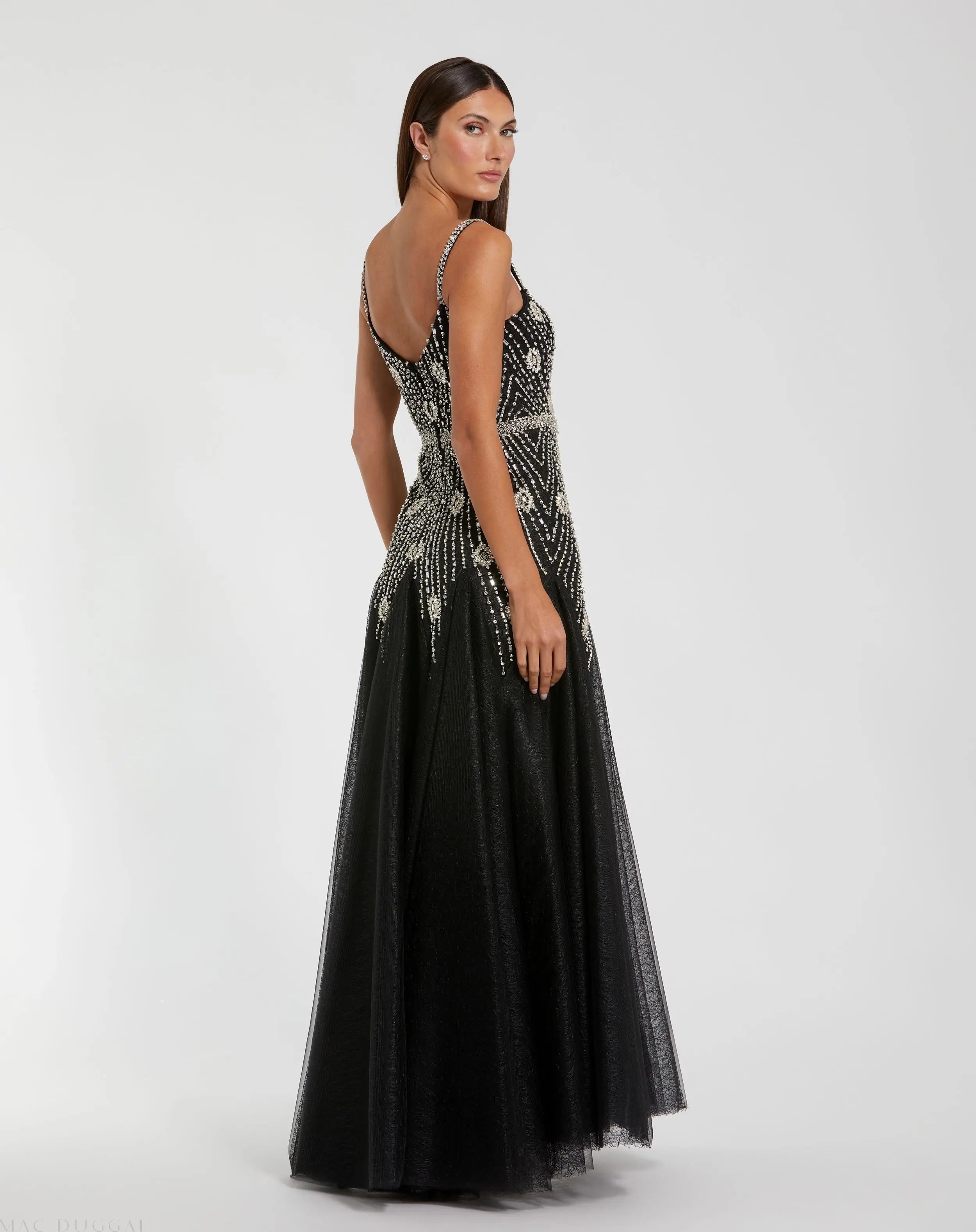 Black Slim Strap Embellished Bustier Gown - Mac Duggal