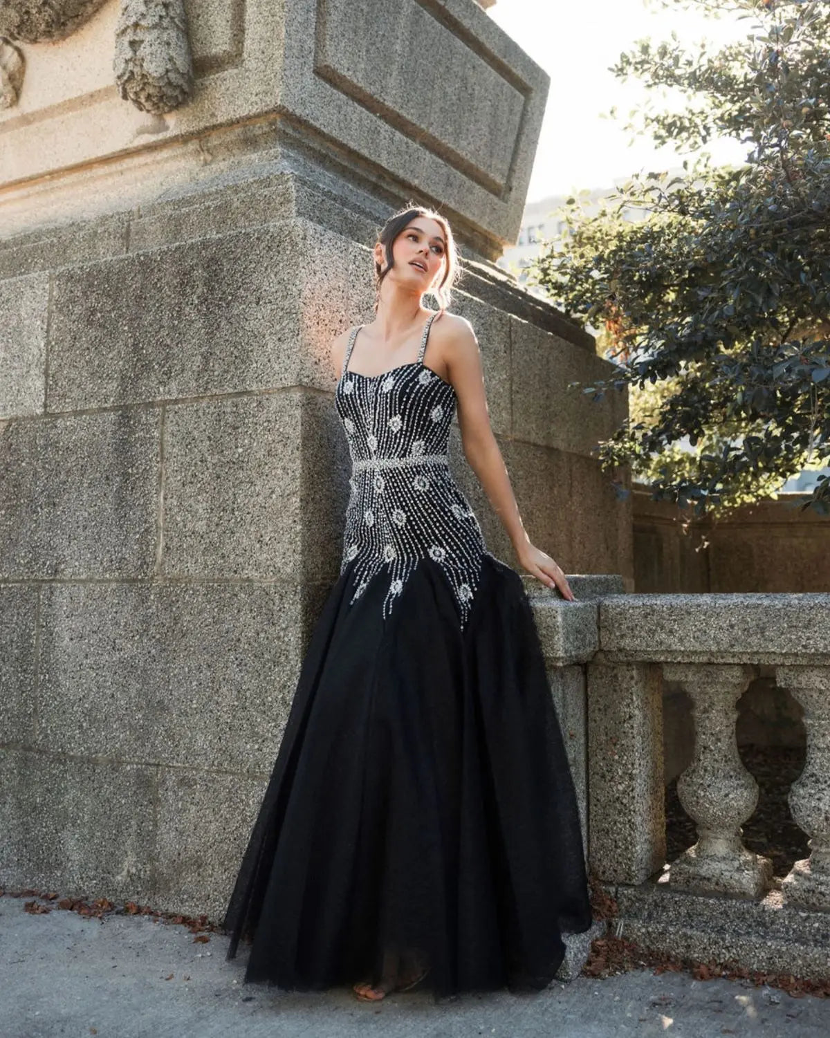 Black Slim Strap Embellished Bustier Gown - Mac Duggal