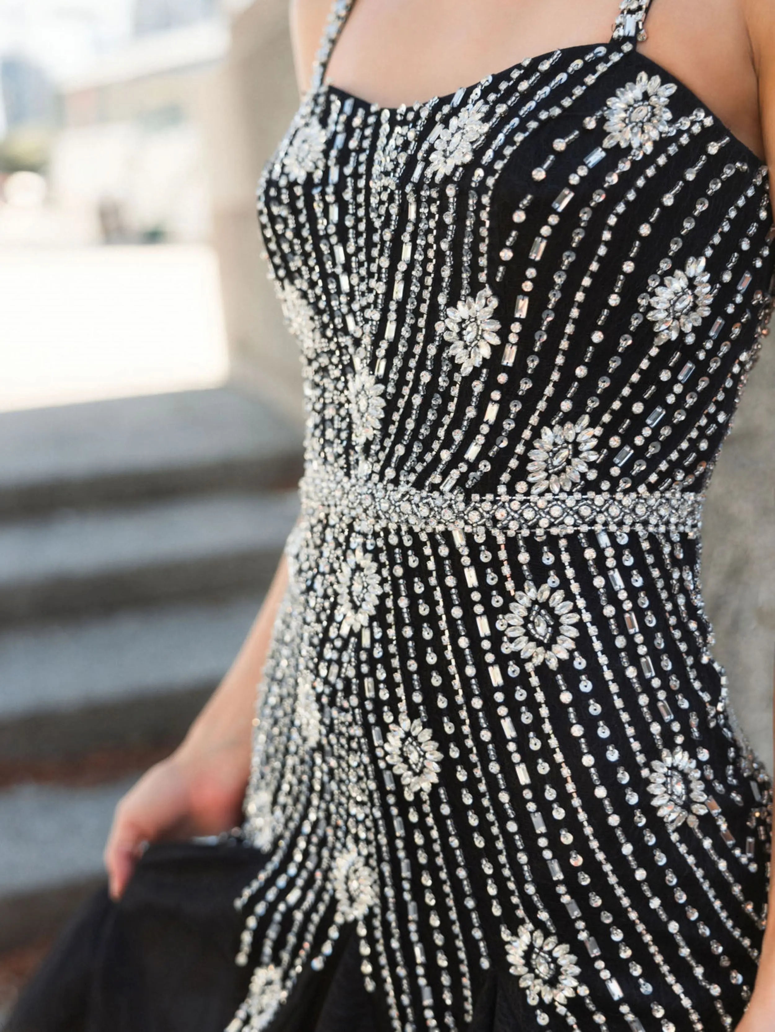 Black Slim Strap Embellished Bustier Gown - Mac Duggal