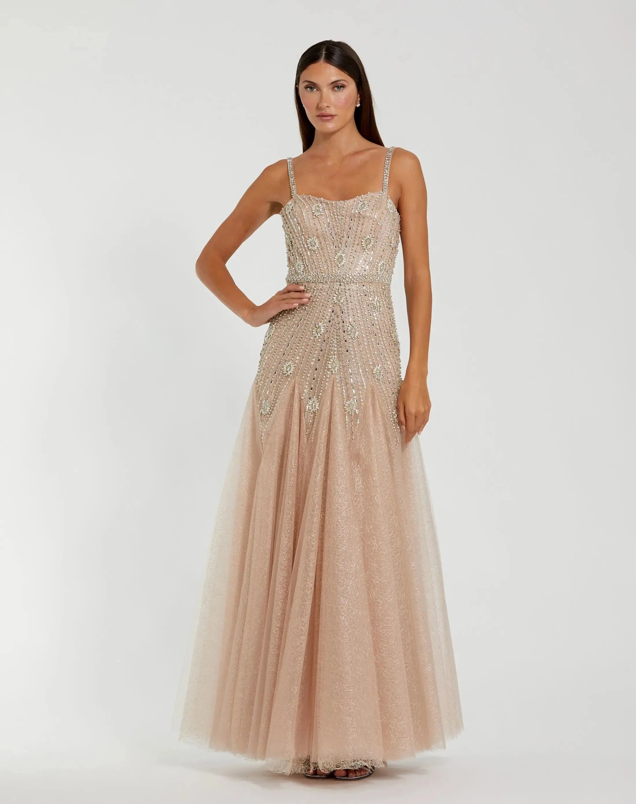 Beige Slim Strap Embellished Bustier Gown - Mac Duggal