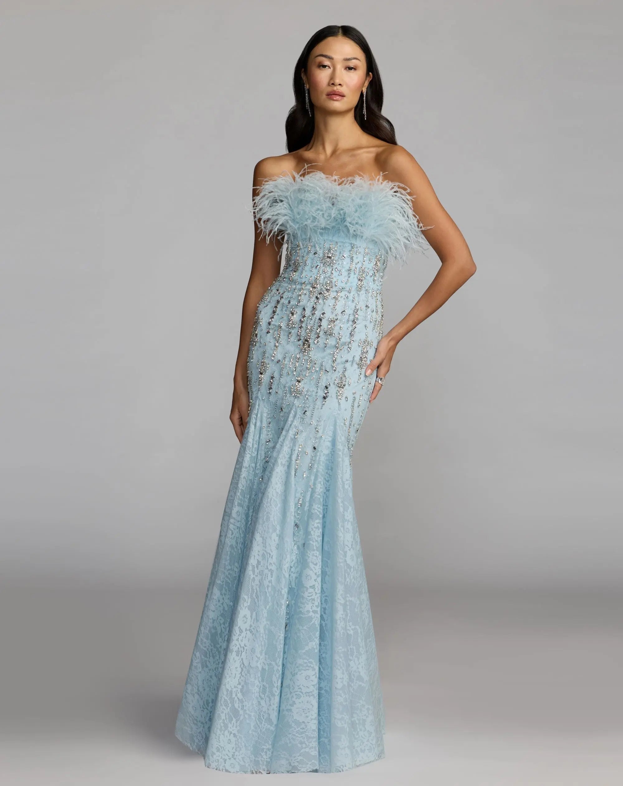 Blue Feather Embellished Strapless Mermaid Gown - Mac Duggal