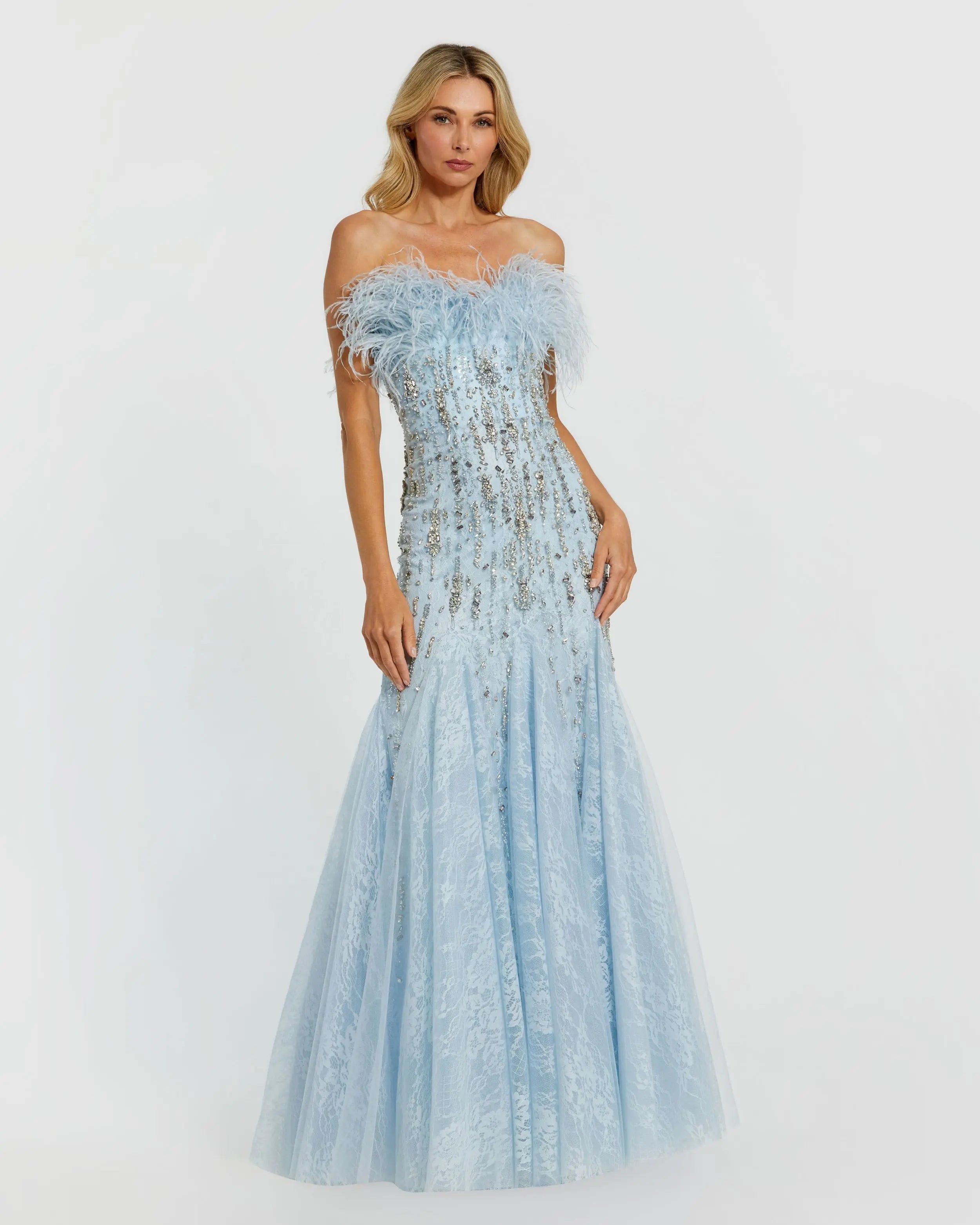 Blue Feather Embellished Strapless Trumpet Gown - Mac Duggal