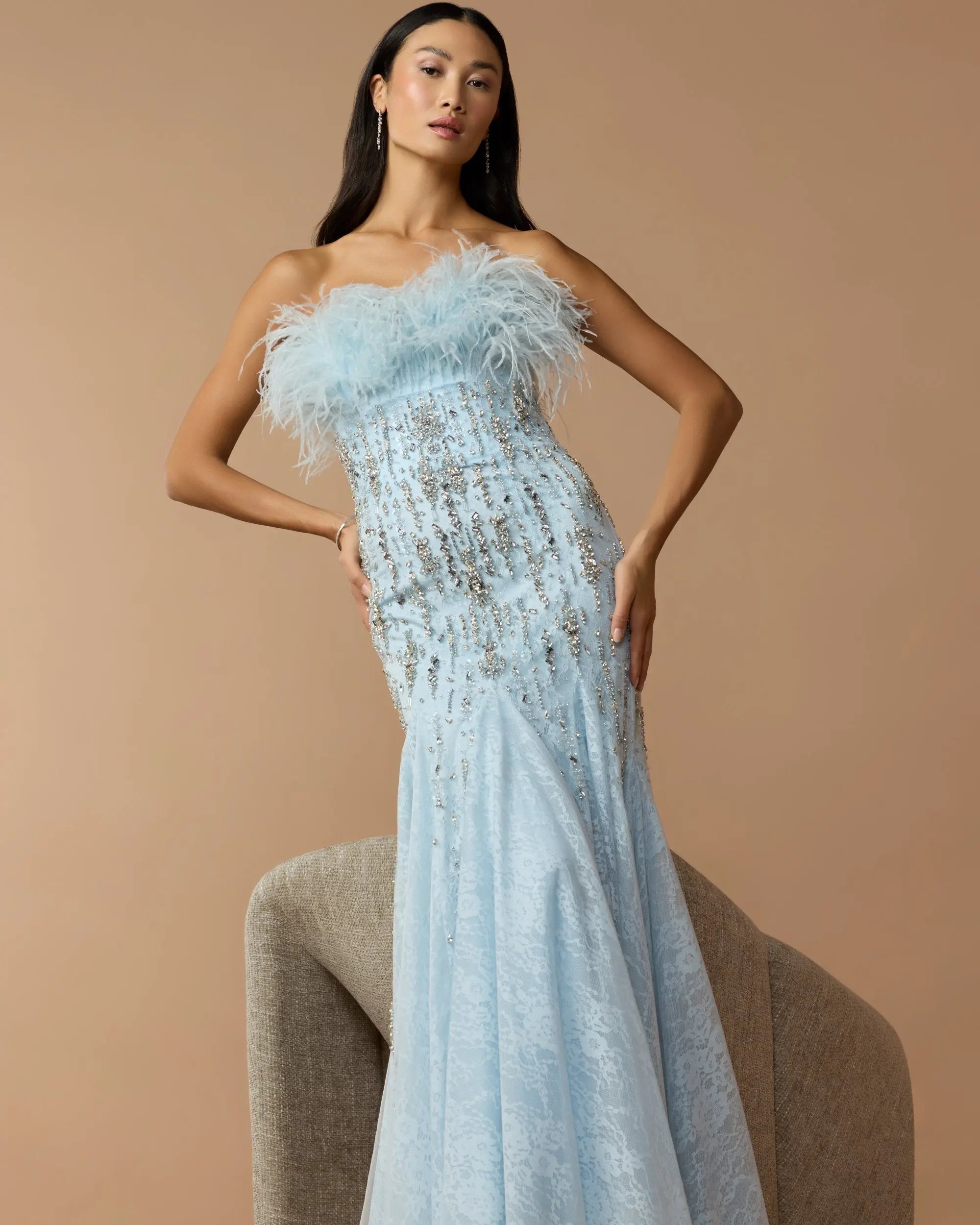 Blue Feather Embellished Strapless Mermaid Gown - Mac Duggal