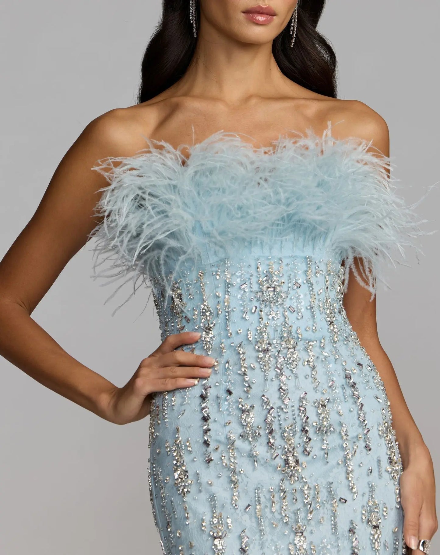 Blue Strapless Feather Embellished Mermaid Gown - Mac Duggal Powder Blue / US 6 Blue Strapless Feather Embellished Mermaid Gown - Mac Duggal Powder Blue / US 6