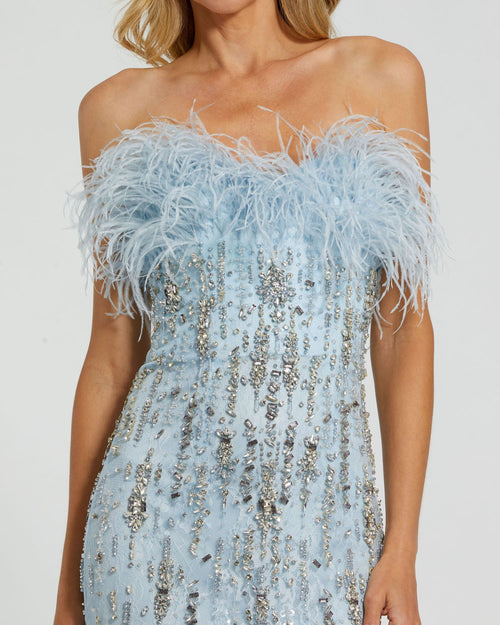 Strapless Feather Embellished Mermaid Gown