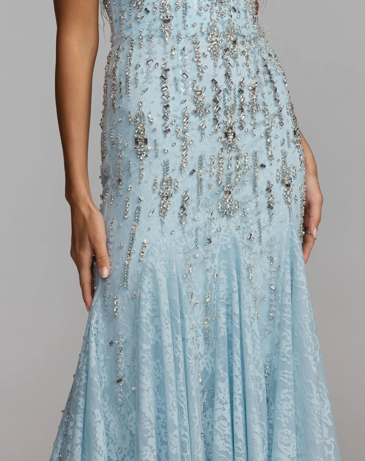 Blue Feather Embellished Strapless Mermaid Gown - Mac Duggal