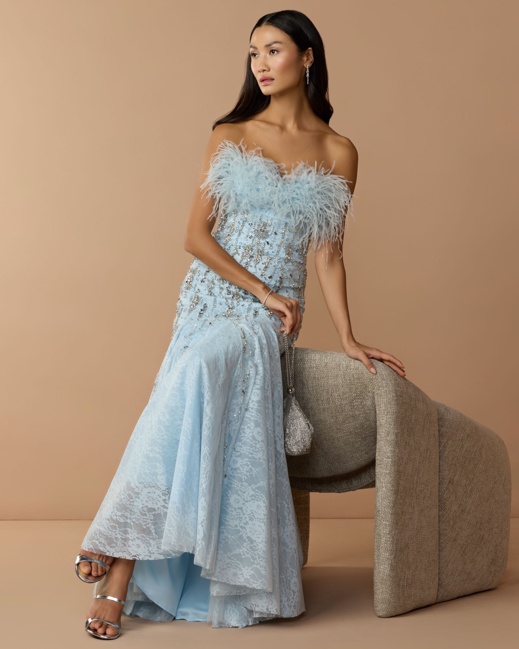 Blue Feather Embellished Strapless Mermaid Gown - Mac Duggal