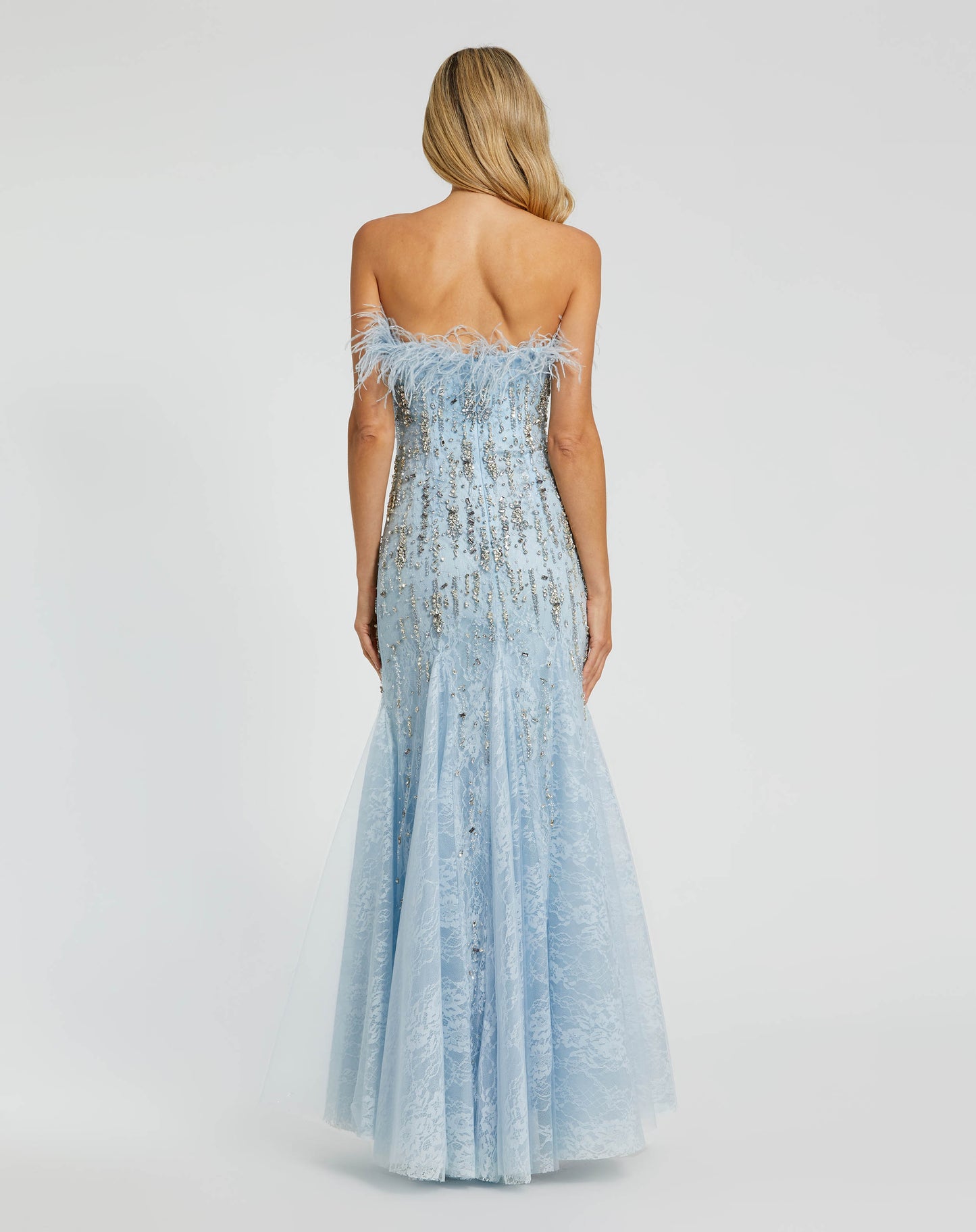 Strapless Feather Embellished Mermaid Gown