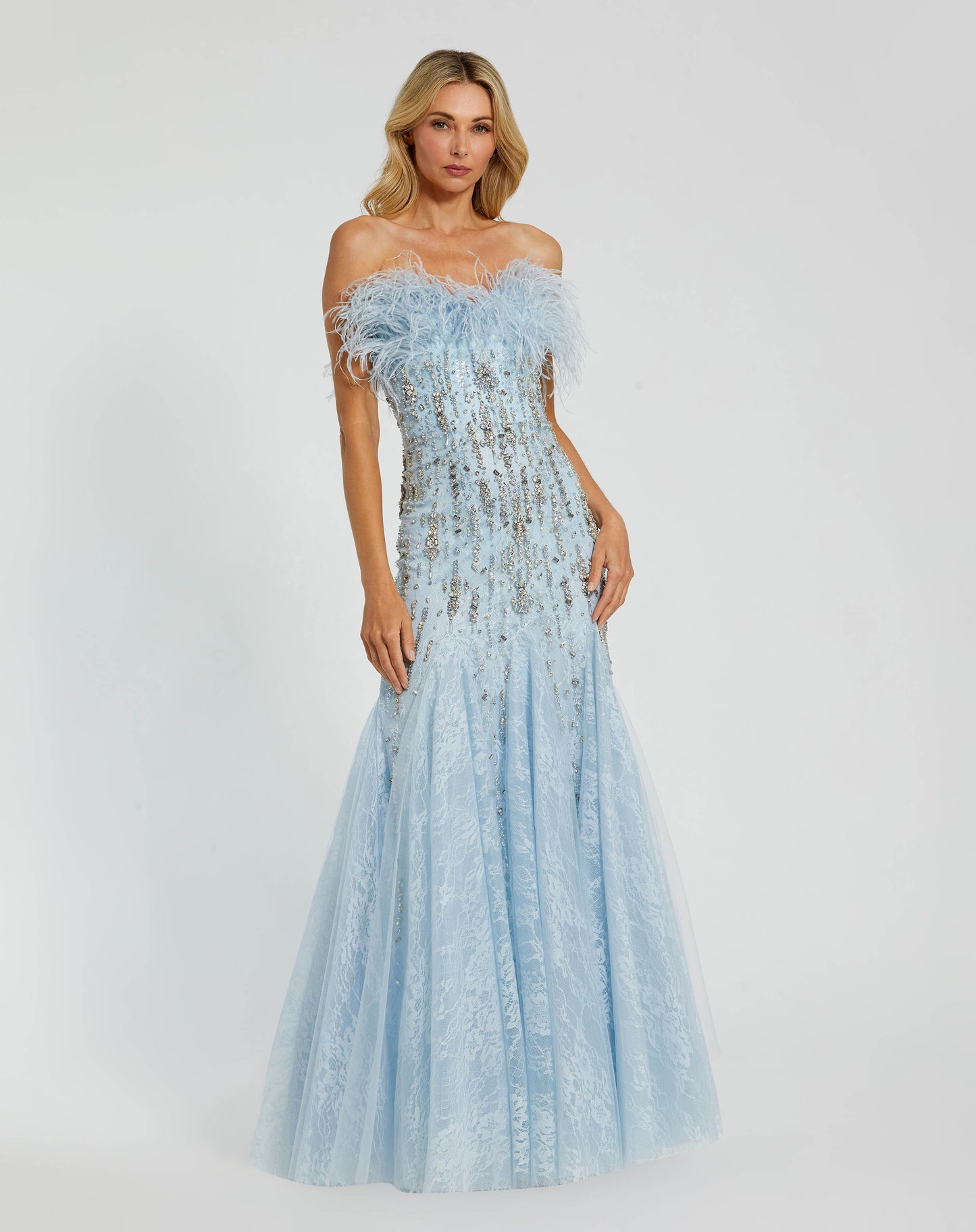 Strapless Feather Embellished Mermaid Gown