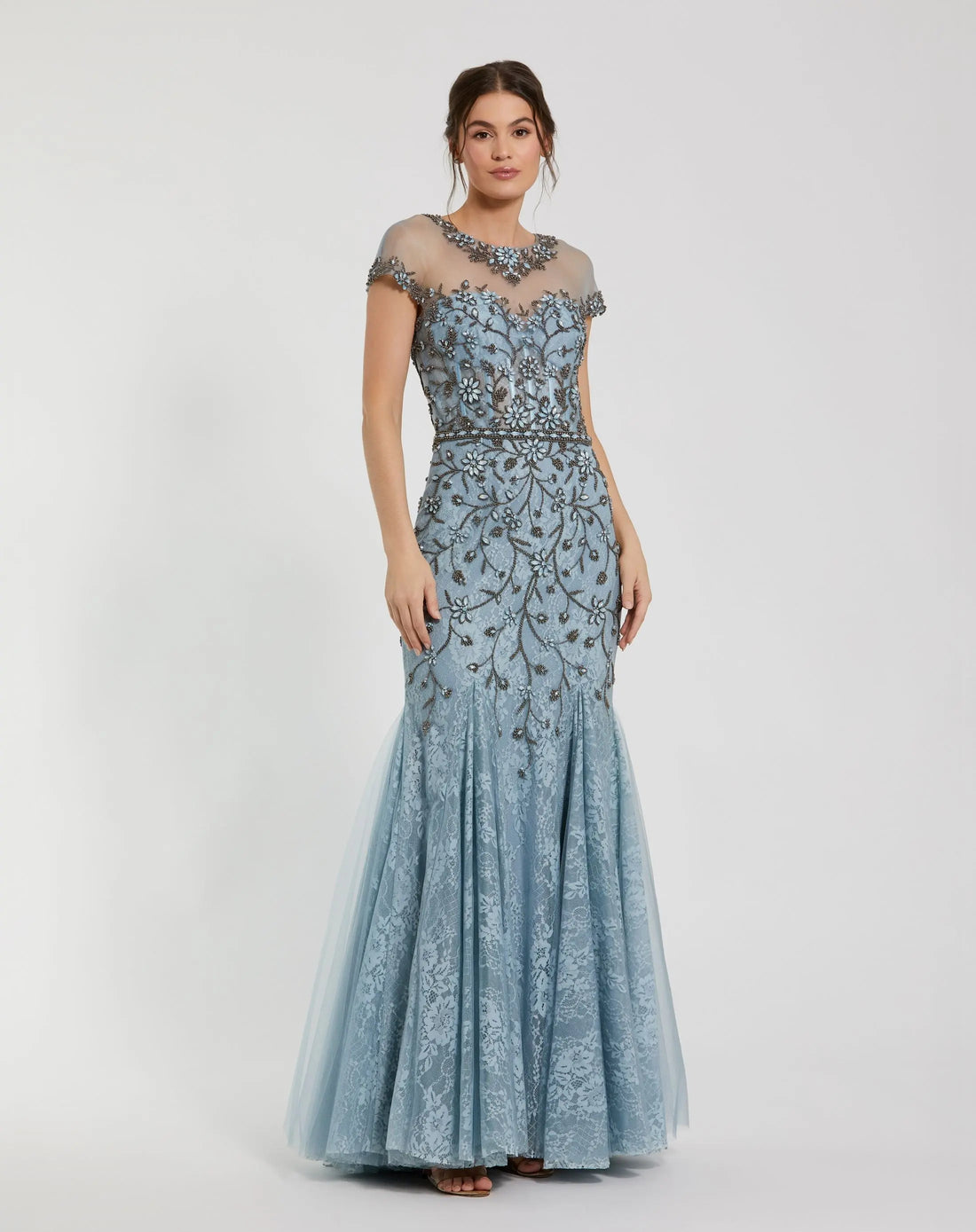 Blue Embellished Lace Evening Gown with Illusion Neckline | Mac Duggal Blue Embellished Lace Evening Gown with Illusion Neckline | Mac Duggal