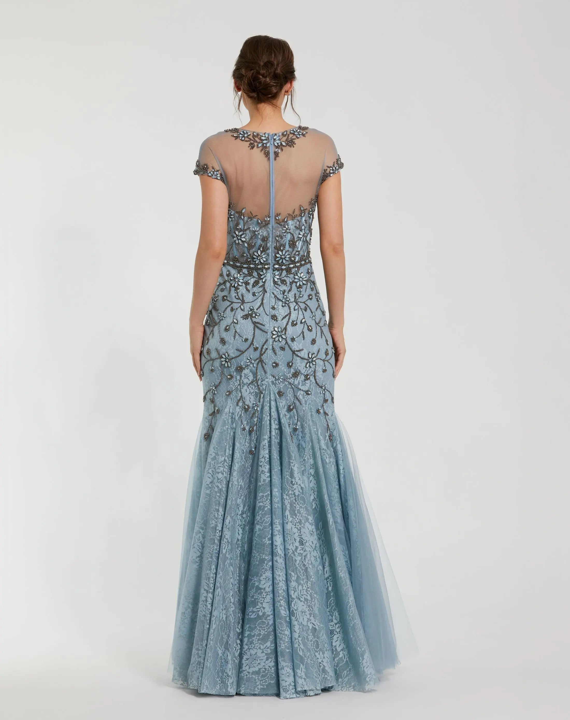 slate blue formal dresses Blue Embellished Lace Evening Gown with Illusion Neckline