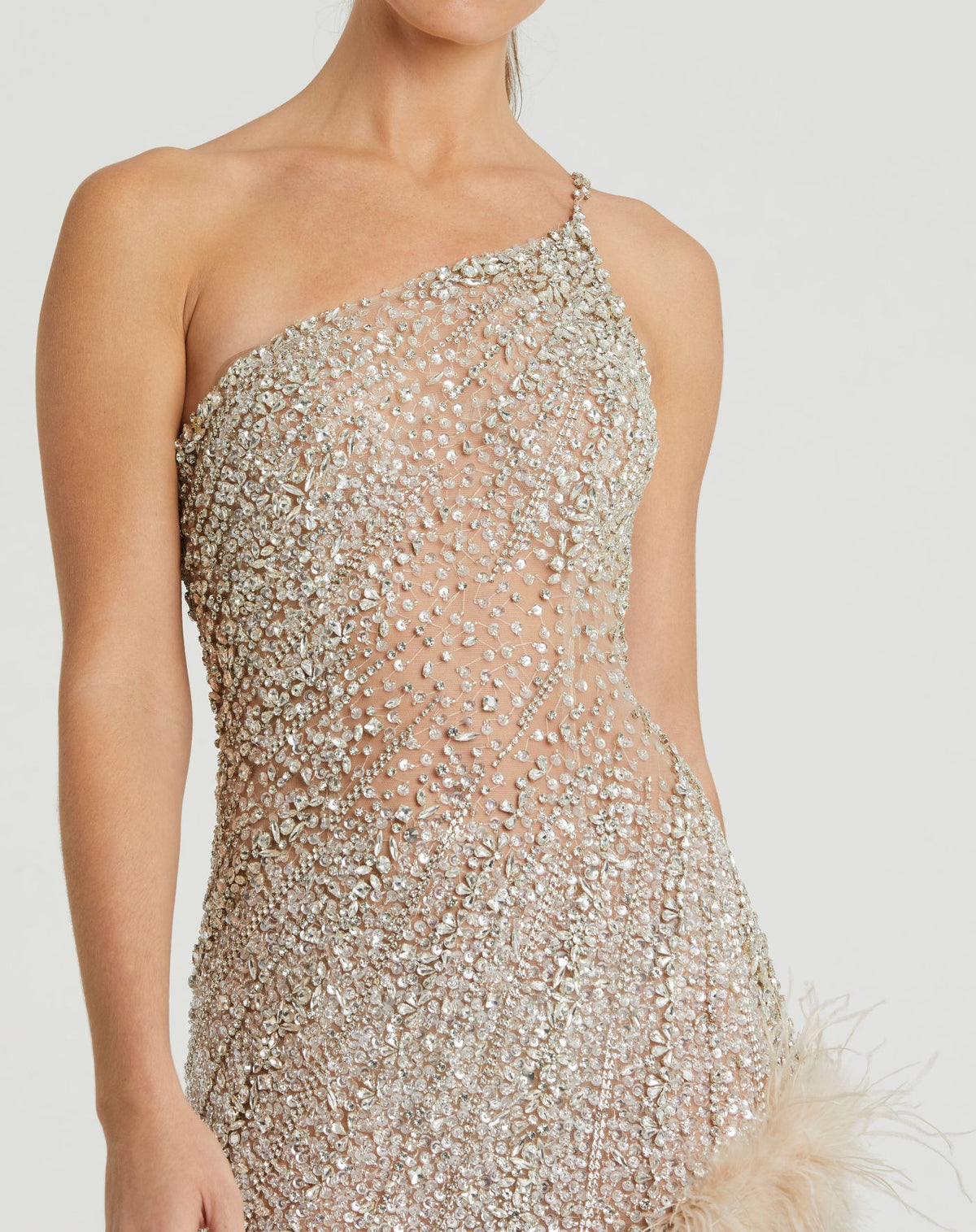Beige One Shoulder Embellished Dress With Feather Trim - Mac Duggal