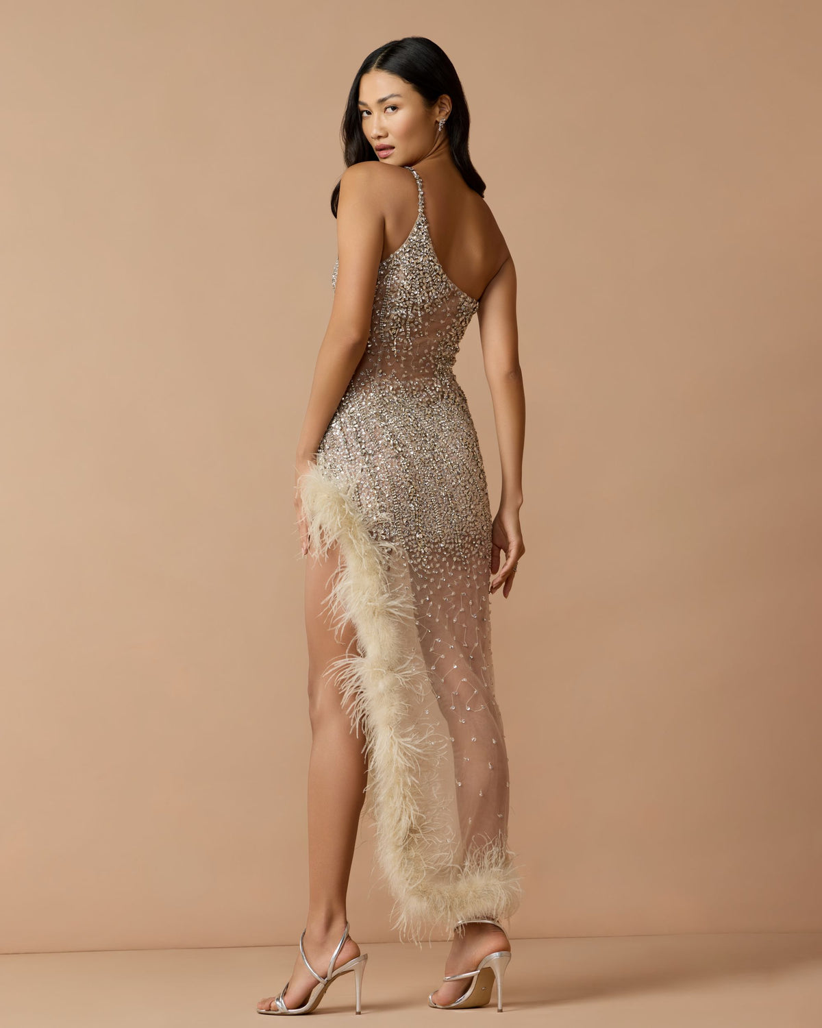 Beige One Shoulder Embellished Dress With Feather Trim - Mac Duggal