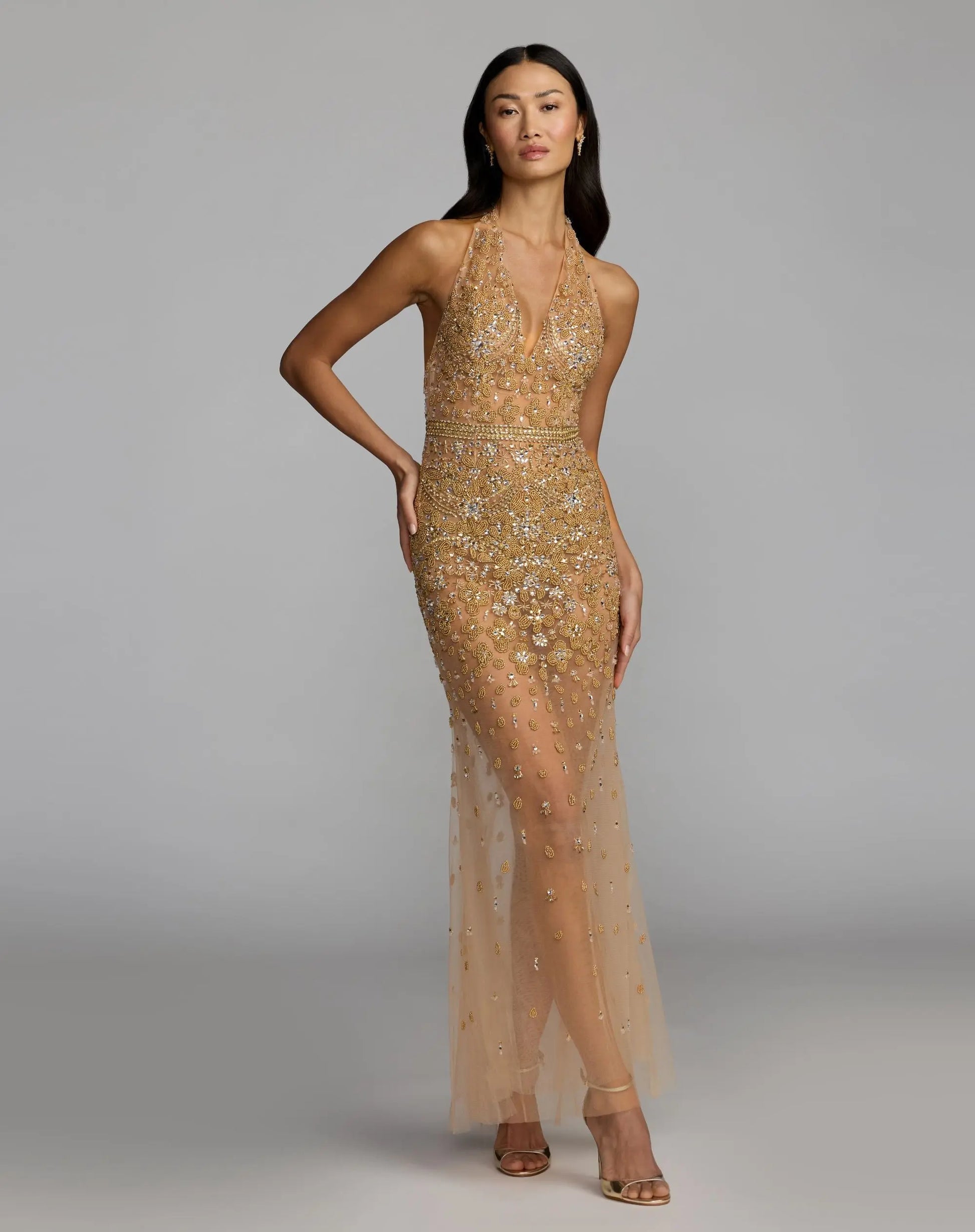 Mac Duggal Collection - Gold Hand Embellished Open Back Halter Gown - Nude Silver / US 6 Mac Duggal Collection - Gold Hand Embellished Open Back Halter Gown - Nude Silver / US 6