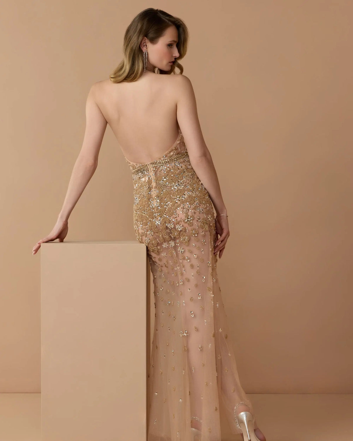 Nude Silver Hand Embellished Open Back Halter Gown - Mac Duggal