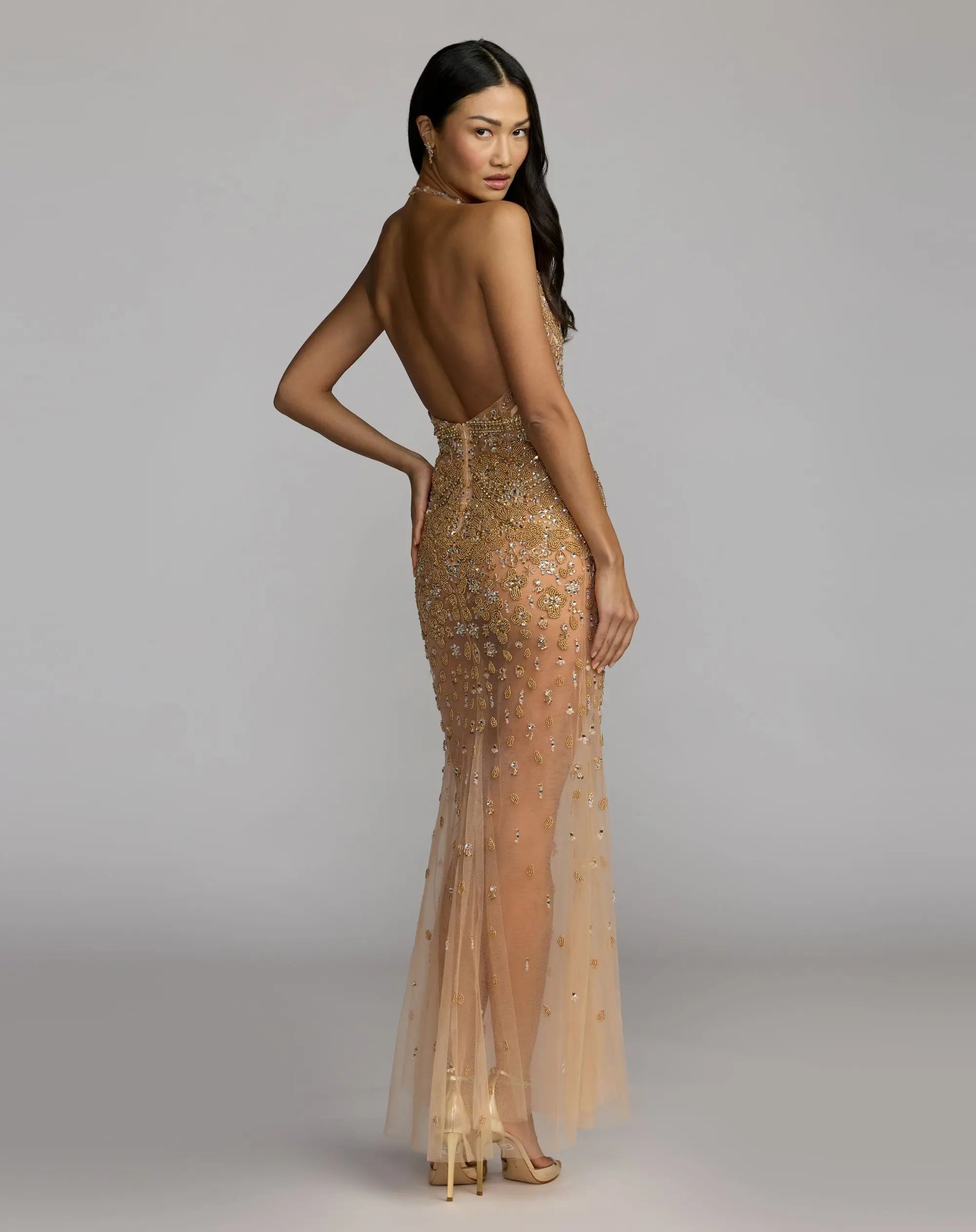 Gold Hand Embellished Open Back Halter Gown - Mac Duggal
