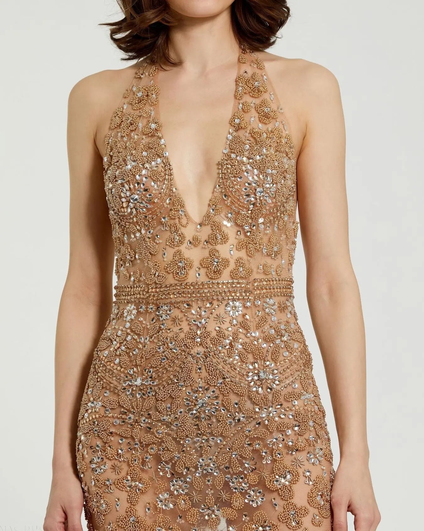 Beige Halter Top Heavily Embellished Sheer Gown - Mac Duggal