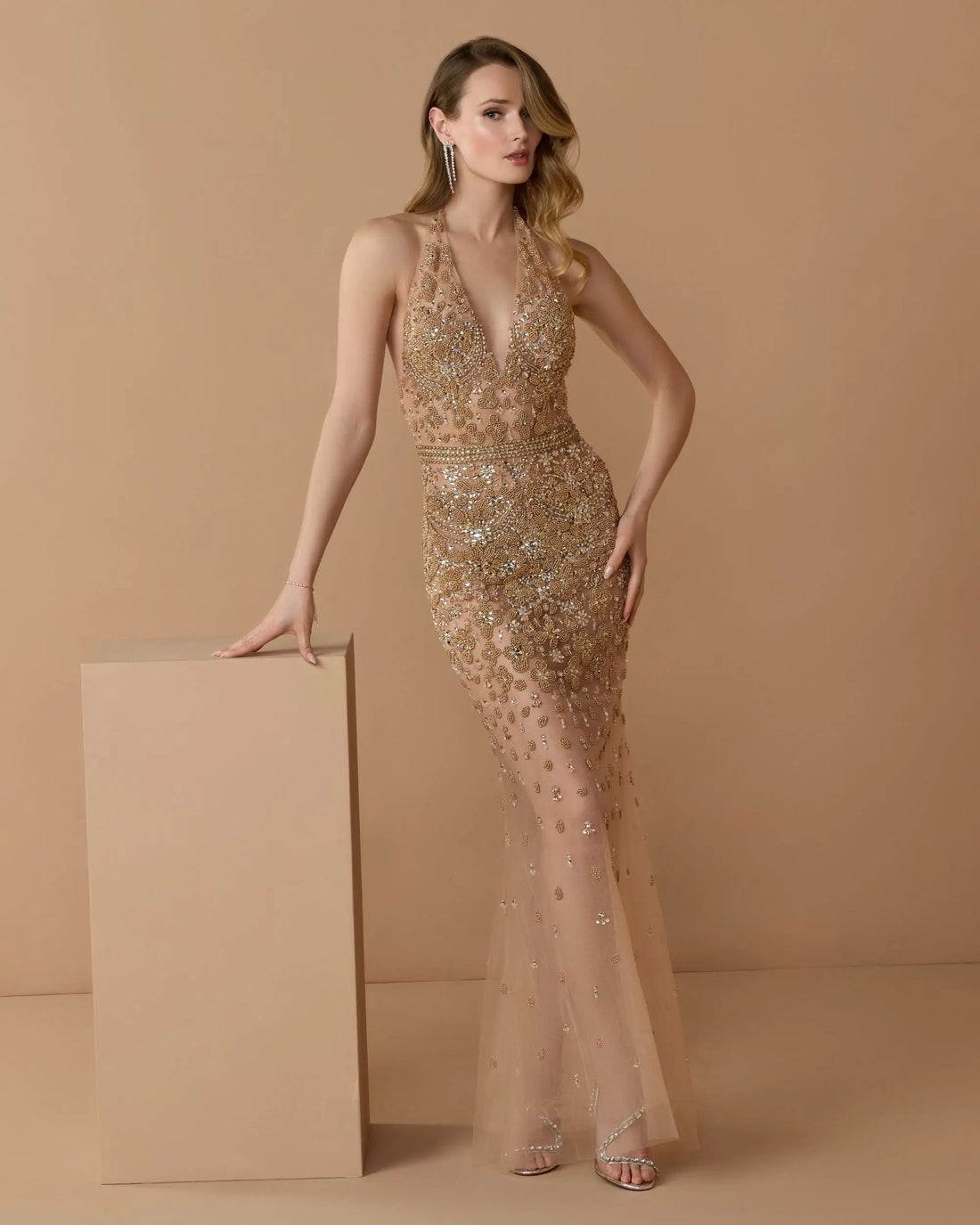 Nude Silver Hand Embellished Open Back Halter Gown - Mac Duggal