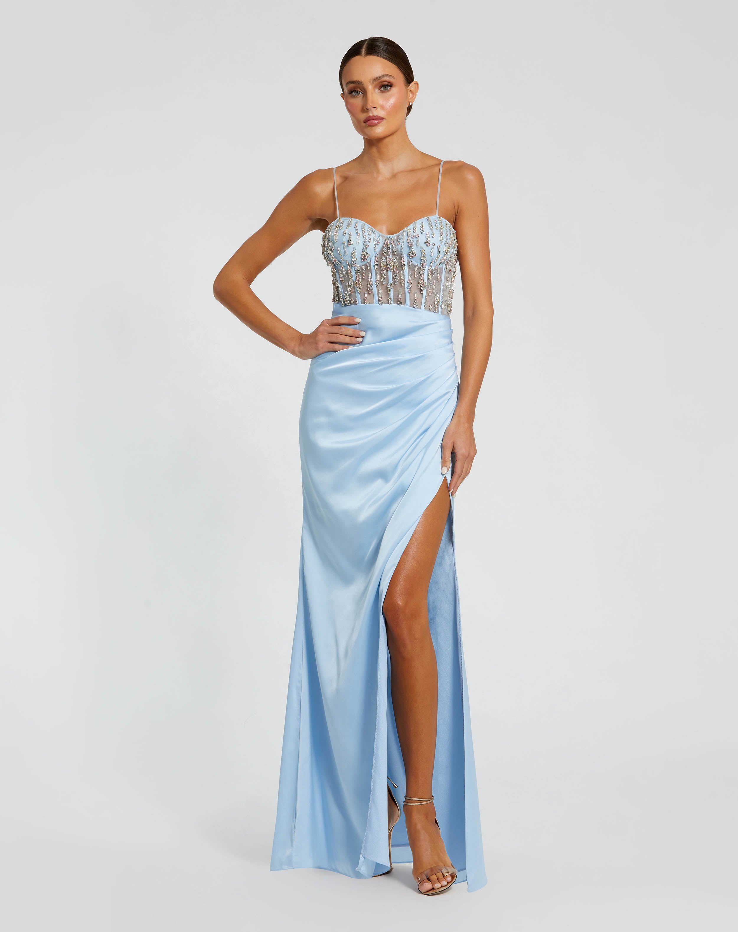 Sheer Beaded Bustier Charmeuse Gown with Slit | Sample | Sz. 2 – Mac Duggal