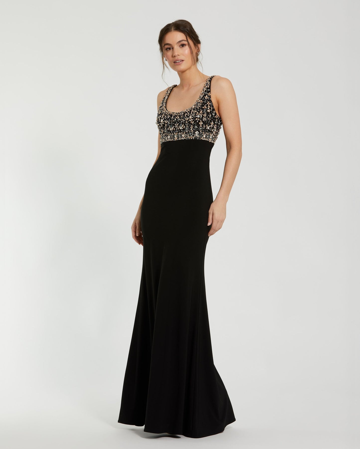 Black Sleeveless Scoop Neck Embellished Jersey Gown Ieena for Mac Duggal
