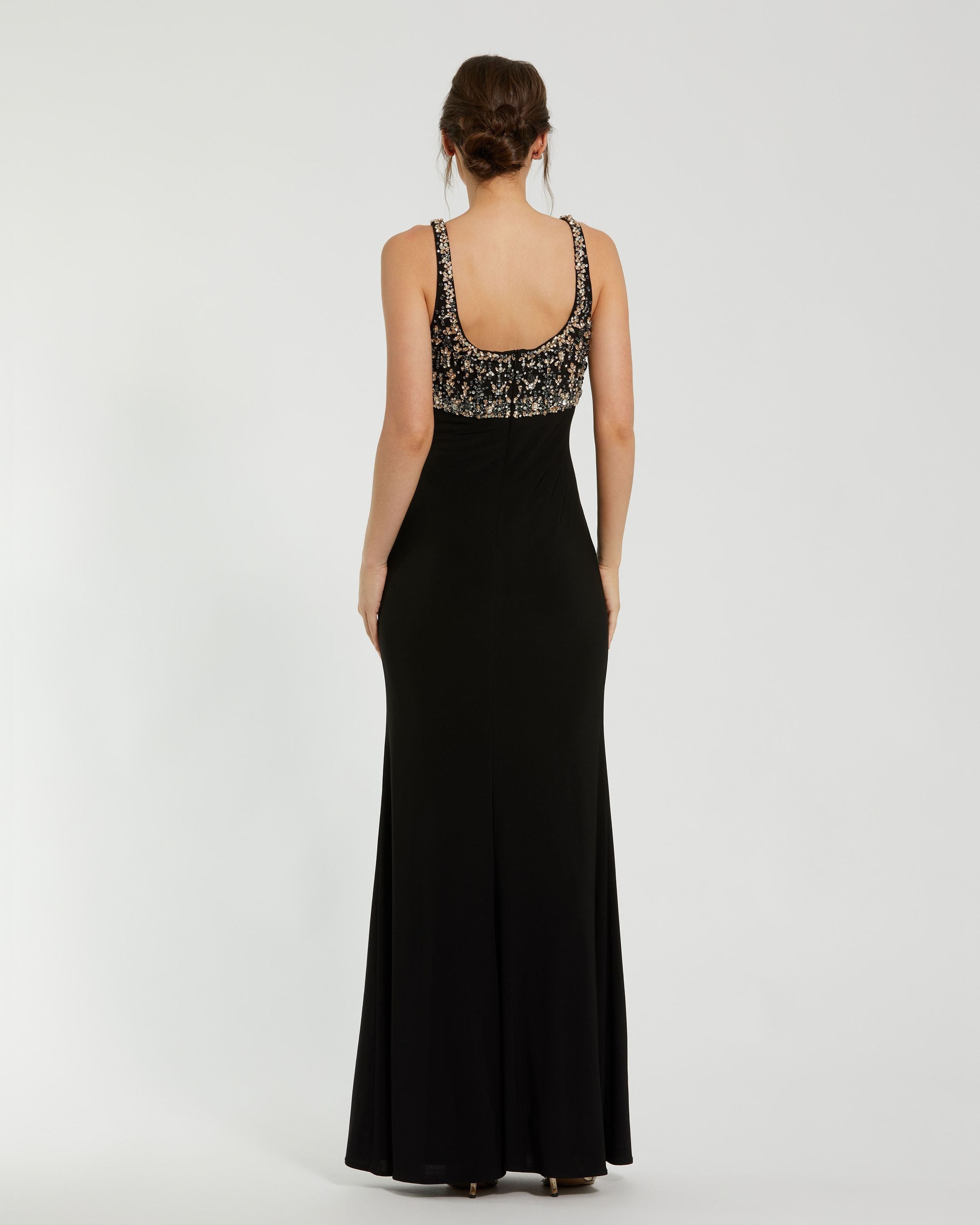 Black Sleeveless Scoop Neck Embellished Jersey Gown Ieena for Mac Duggal