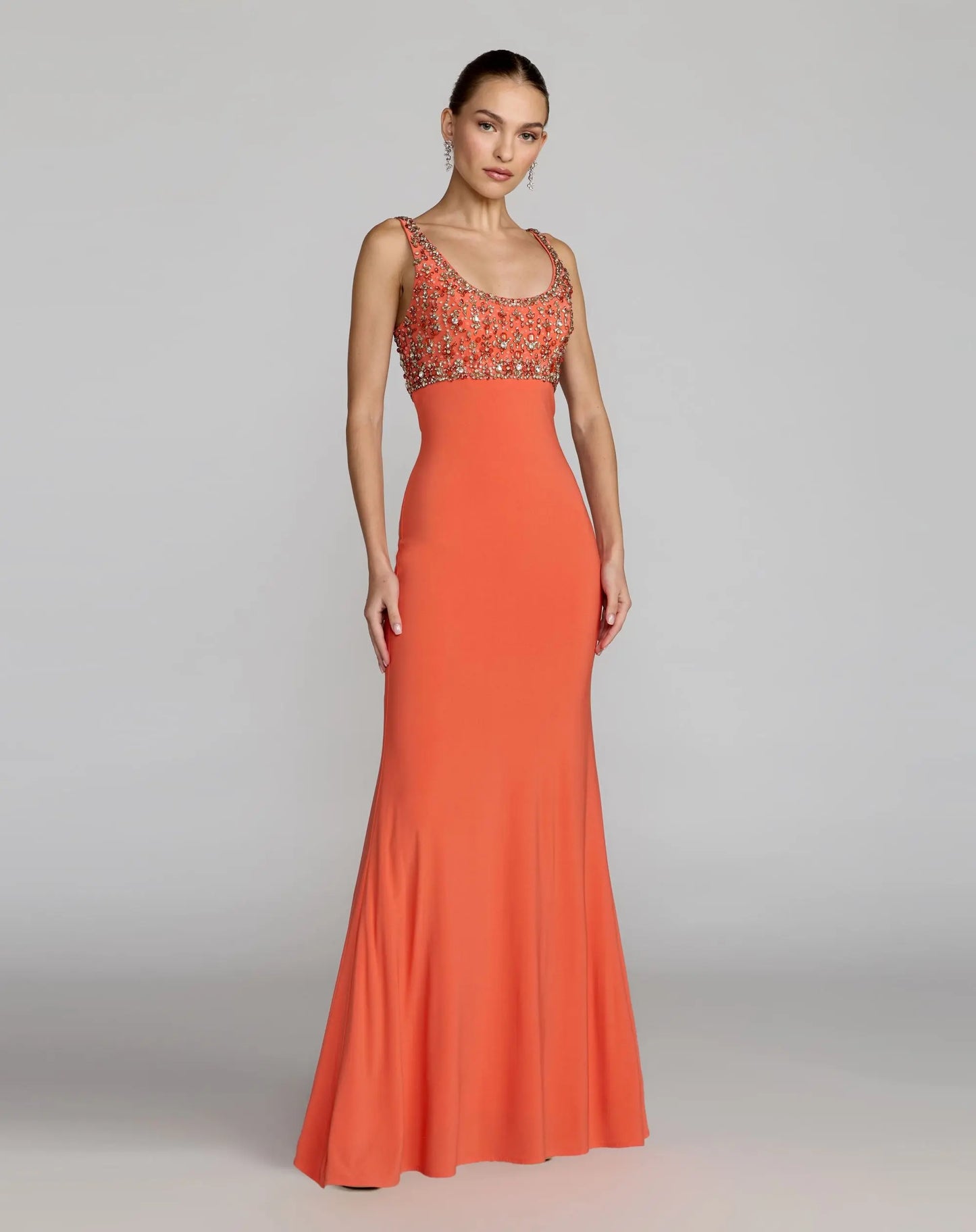 Orange Sleeveless Scoop Neck Embellished Jersey Gown - Ieena for Mac Duggal