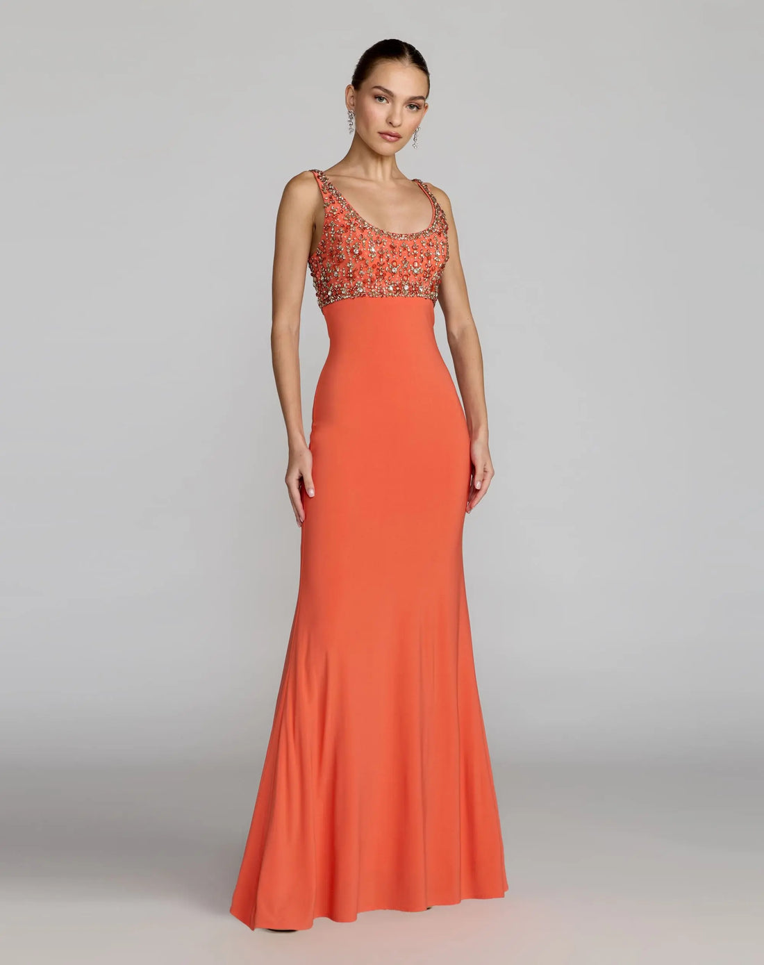 Orange Sleeveless Scoop Neck Embellished Jersey Gown - Ieena for Mac Duggal