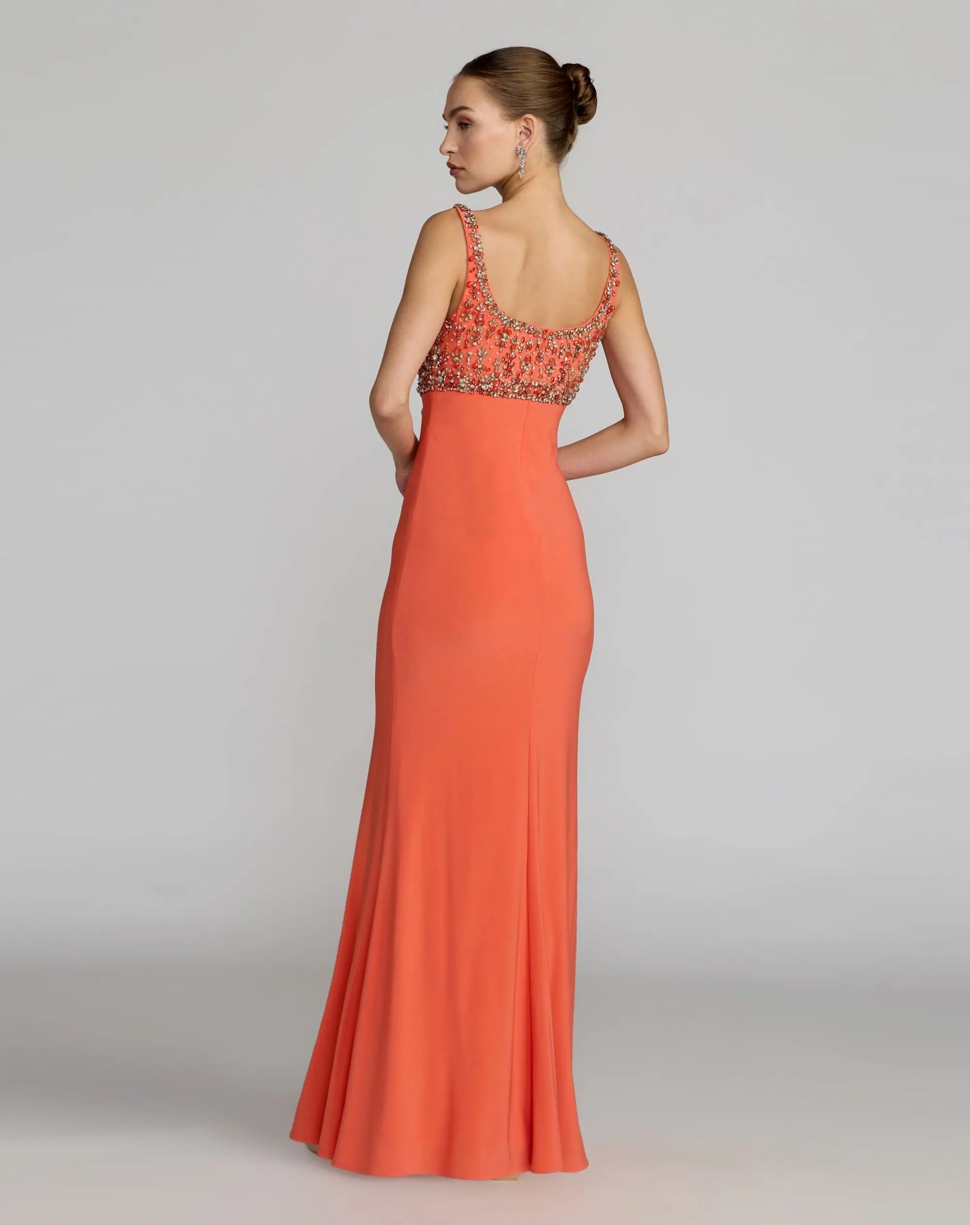 Orange Sleeveless Scoop Neck Embellished Jersey Gown - Ieena for Mac Duggal