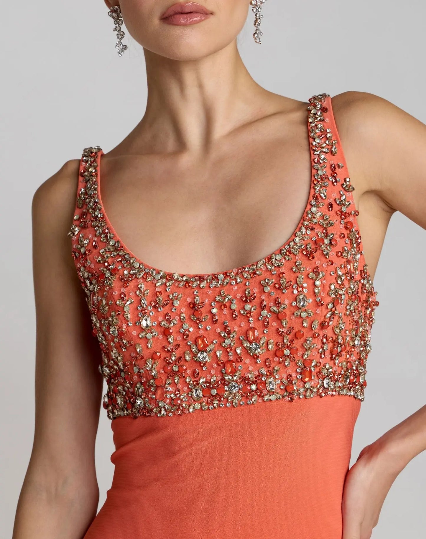 Orange Sleeveless Scoop Neck Embellished Jersey Gown - Ieena for Mac Duggal