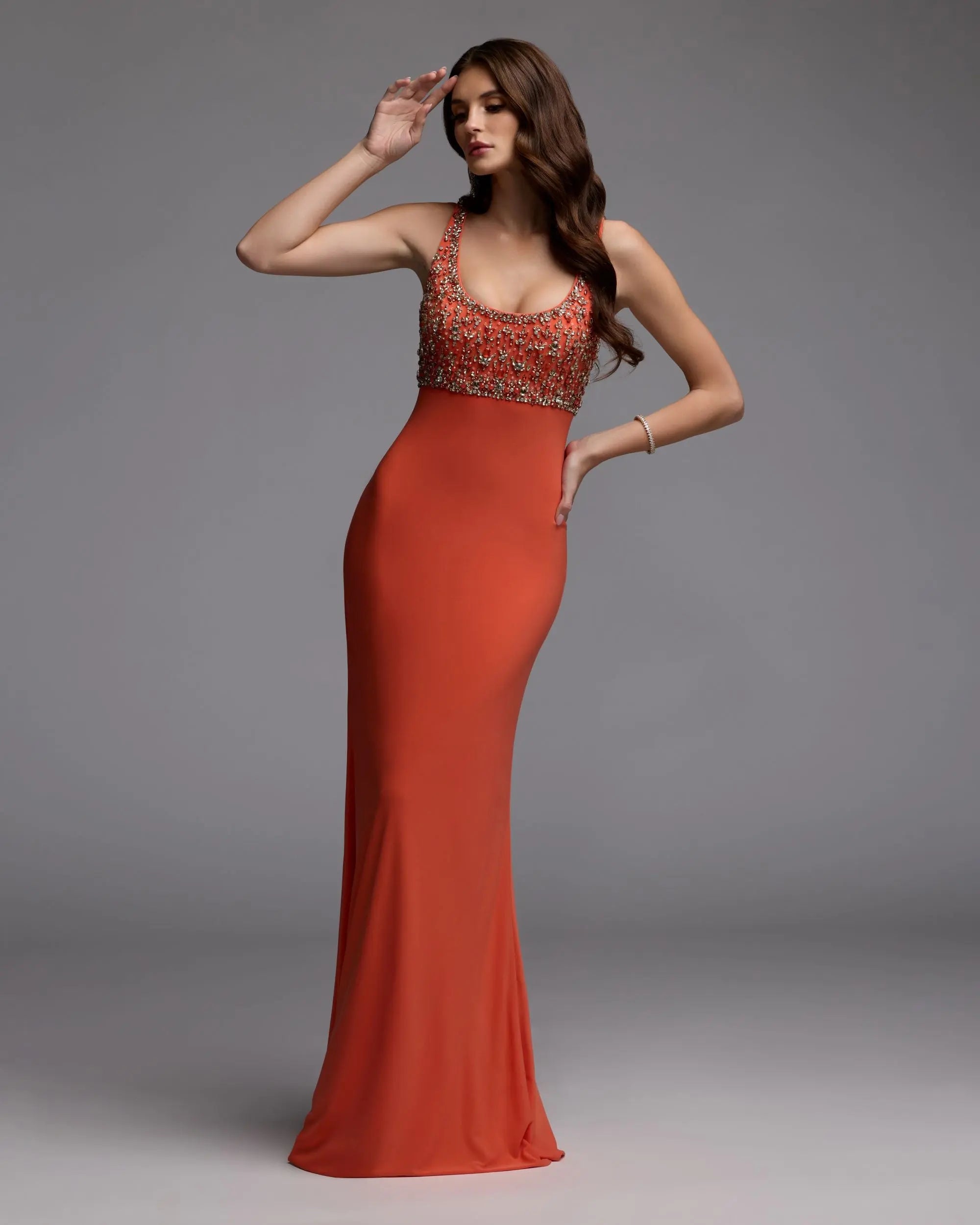 Orange Sleeveless Scoop Neck Embellished Jersey Gown - Ieena for Mac Duggal