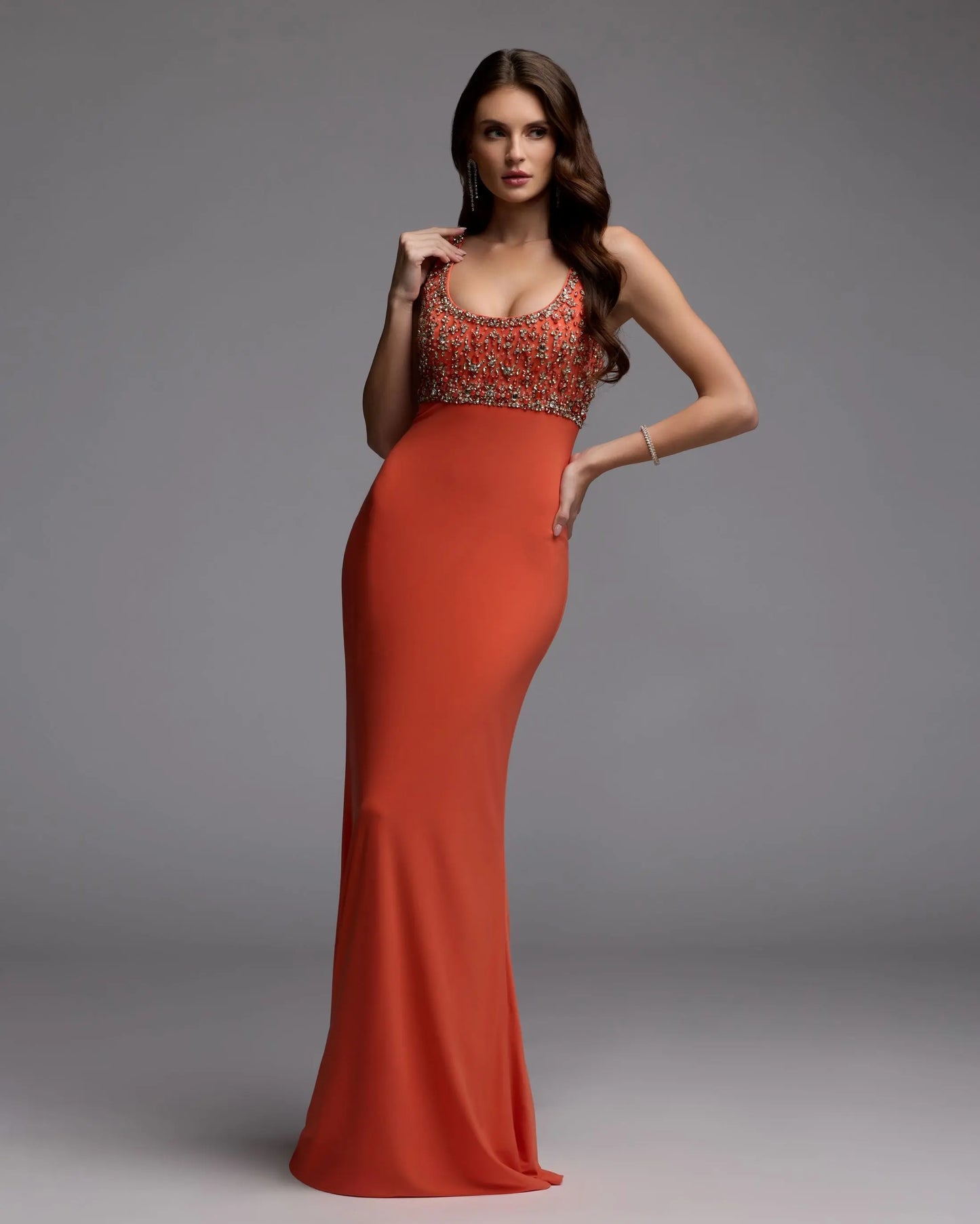 Orange Sleeveless Scoop Neck Embellished Jersey Gown - Ieena for Mac Duggal
