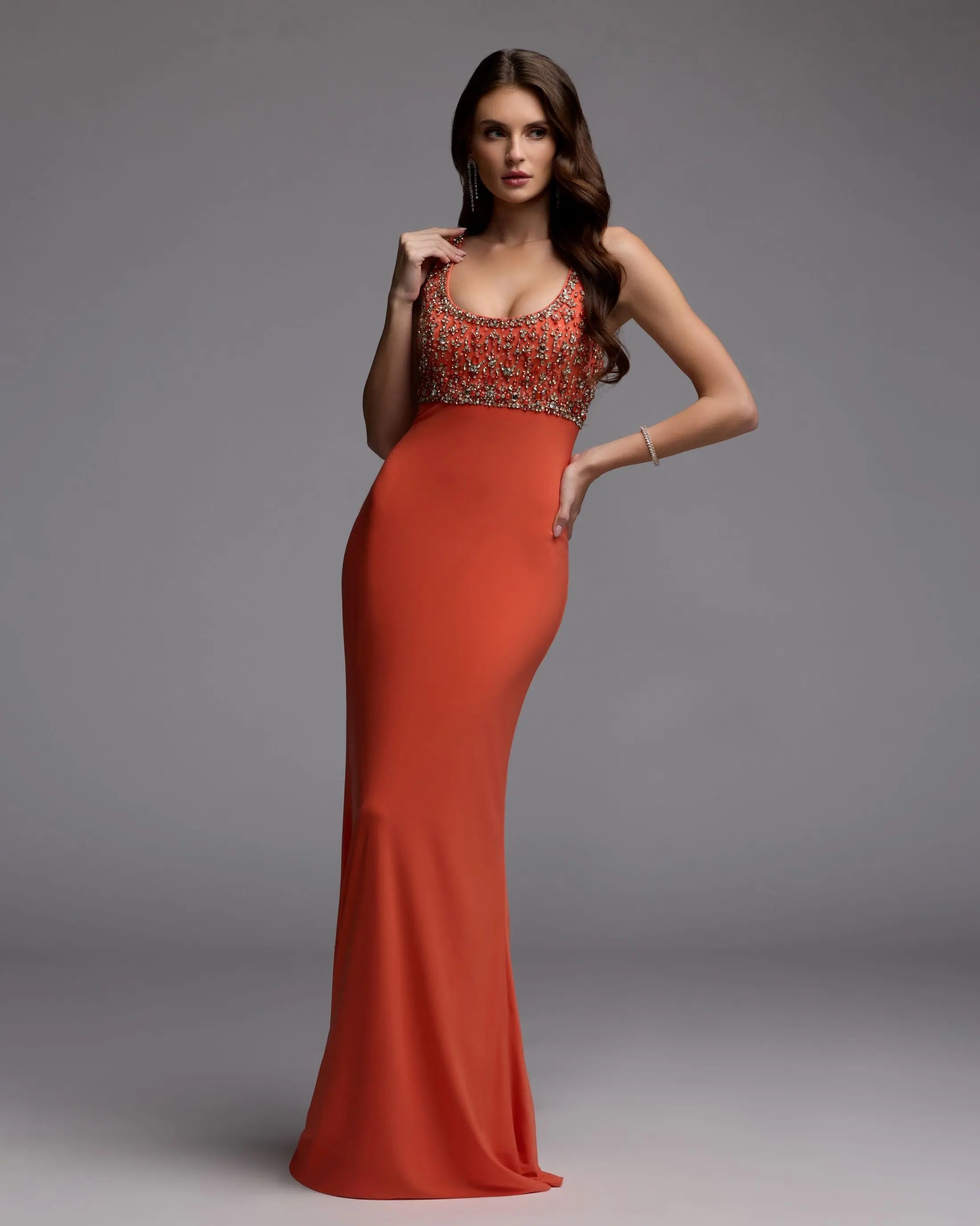 Orange Sleeveless Scoop Neck Embellished Jersey Gown - Ieena for Mac Duggal
