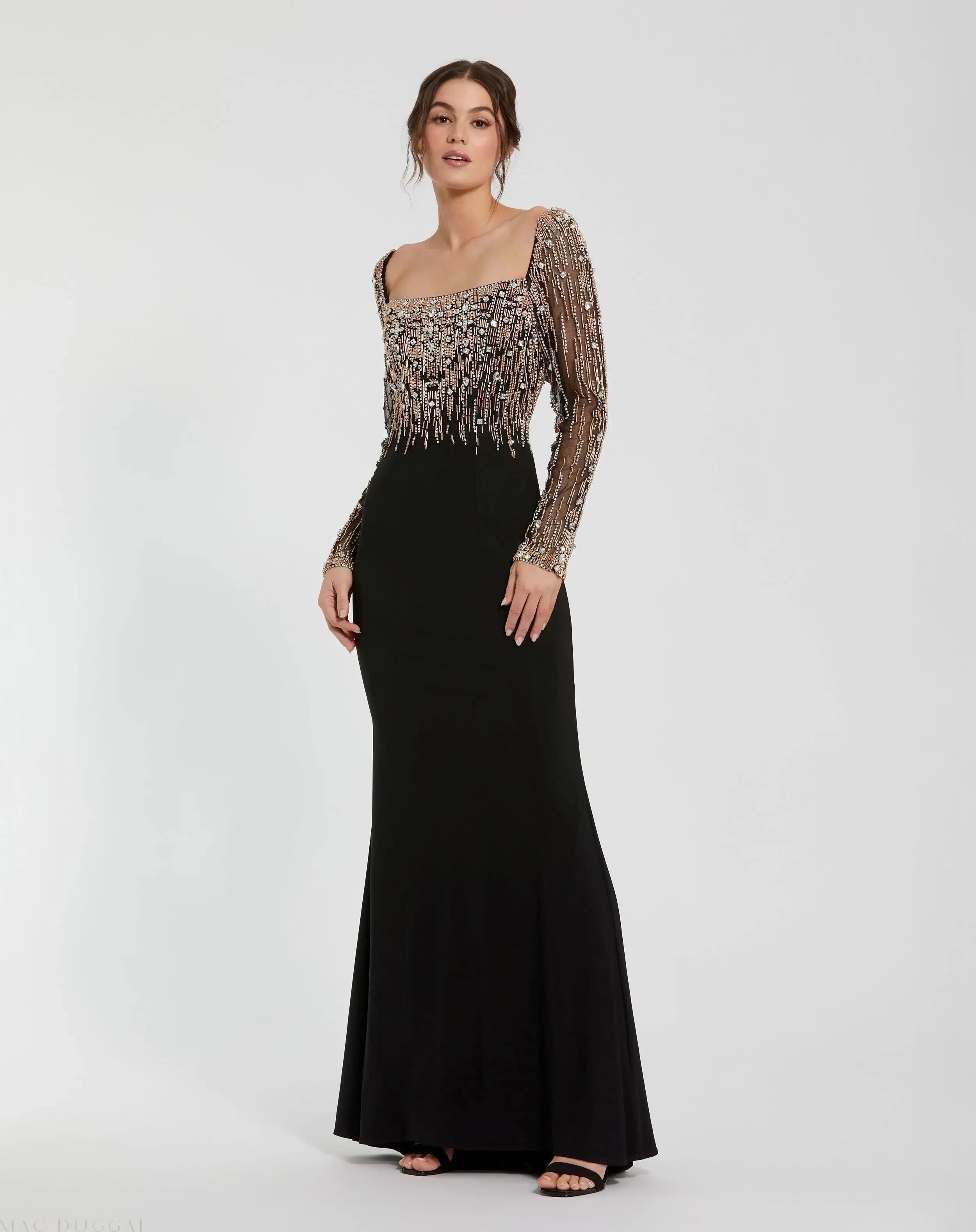 Black Beaded Square Neck Long Sleeve Jersey Gown - Mac Duggal