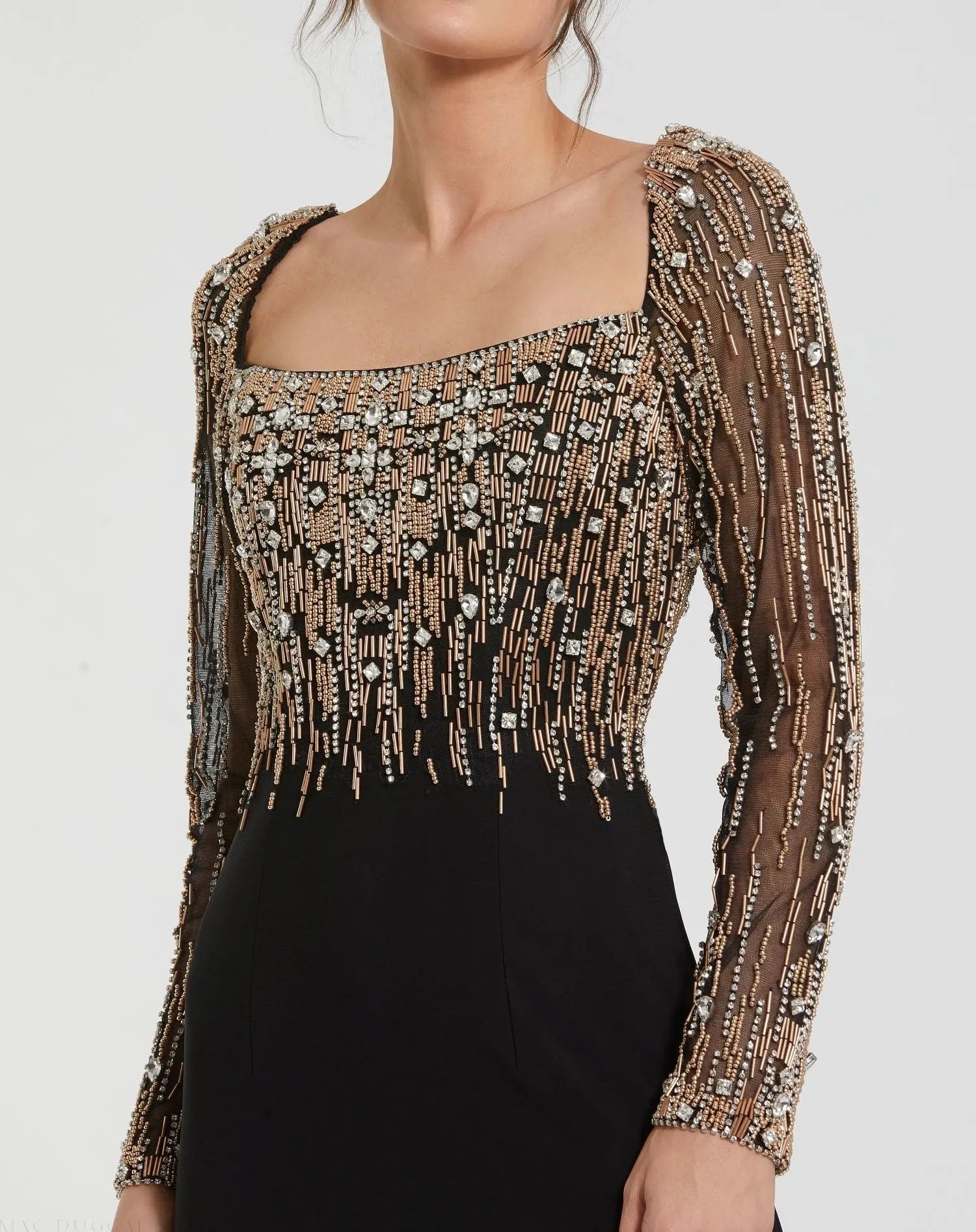 fitted lace wedding dress Black Beaded Square Neck Long Sleeve Jersey Gown