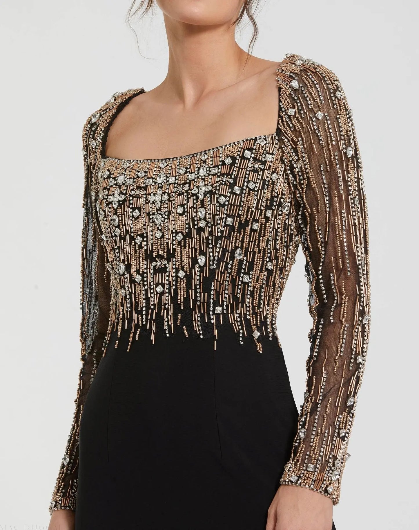 Mac Duggal - Black Beaded Square Neck Long Sleeve Jersey Gown - US 4 Mac Duggal - Black Beaded Square Neck Long Sleeve Jersey Gown - US 4