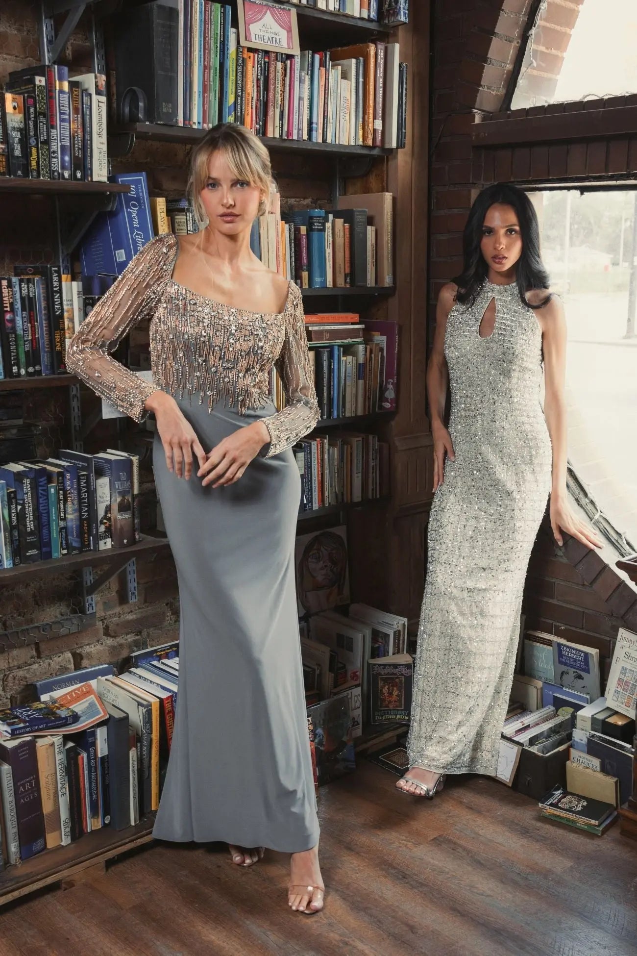 Gray Beaded Square Neck Long Sleeve Jersey Gown Gray Beaded Square Neck Long Sleeve Jersey Gown