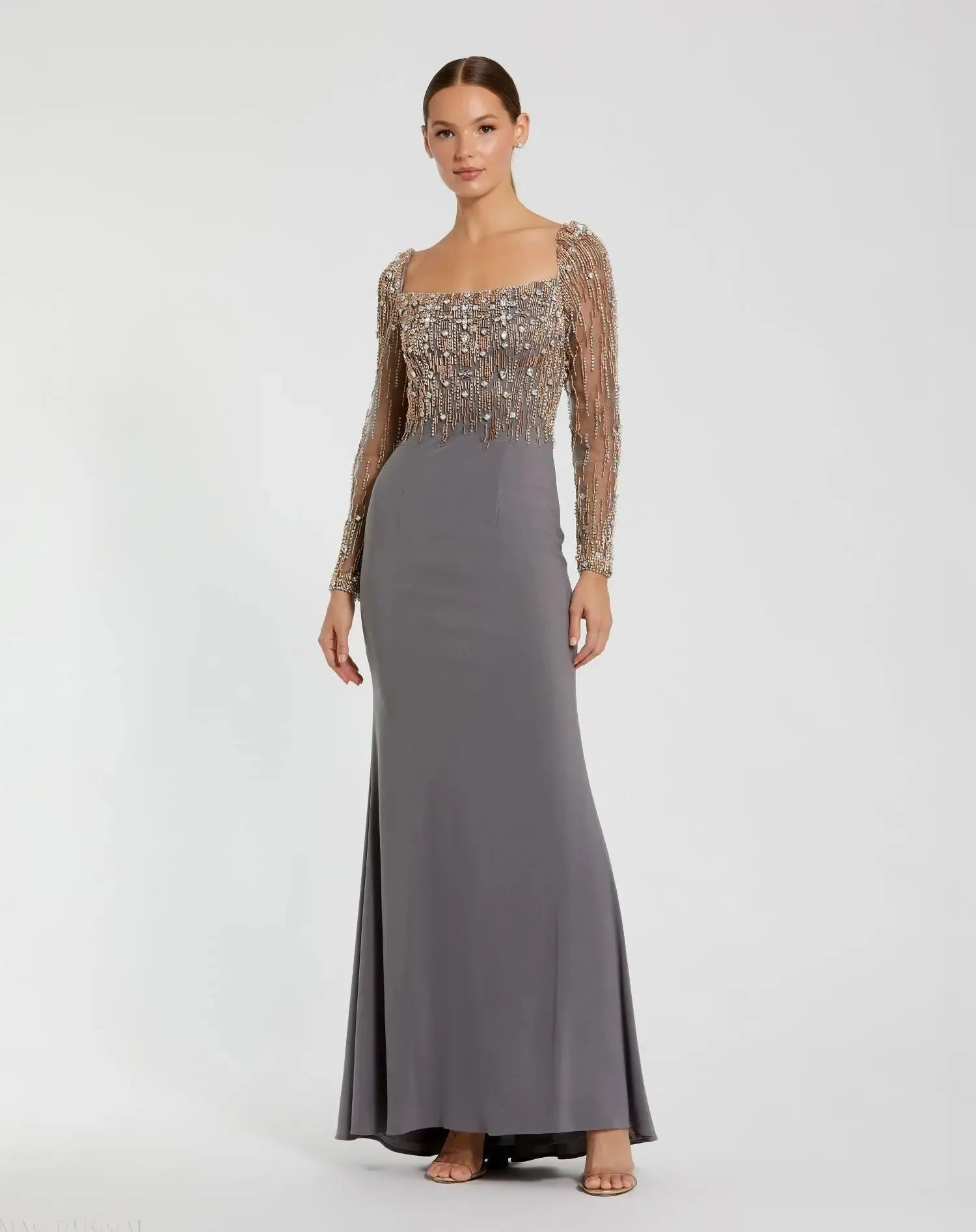 Gray Beaded Square Neck Long Sleeve Jersey Gown - Mac Duggal