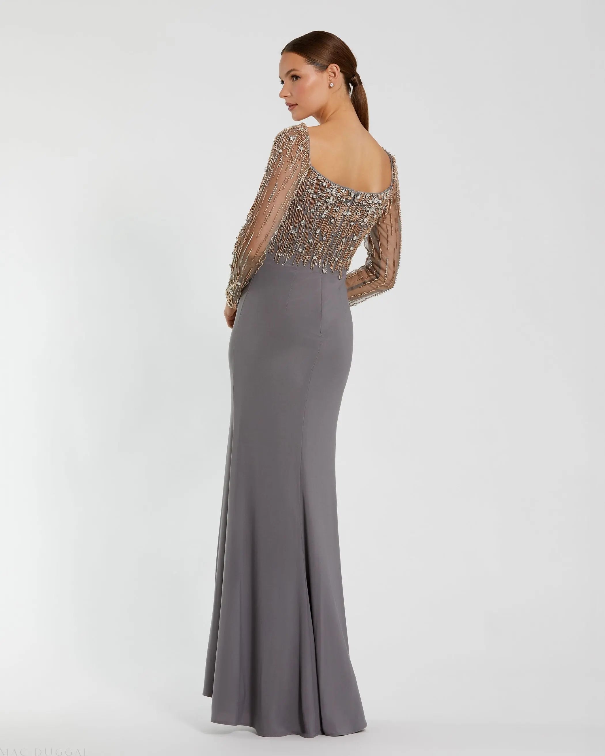 Gray Beaded Square Neck Long Sleeve Jersey Gown - Mac Duggal
