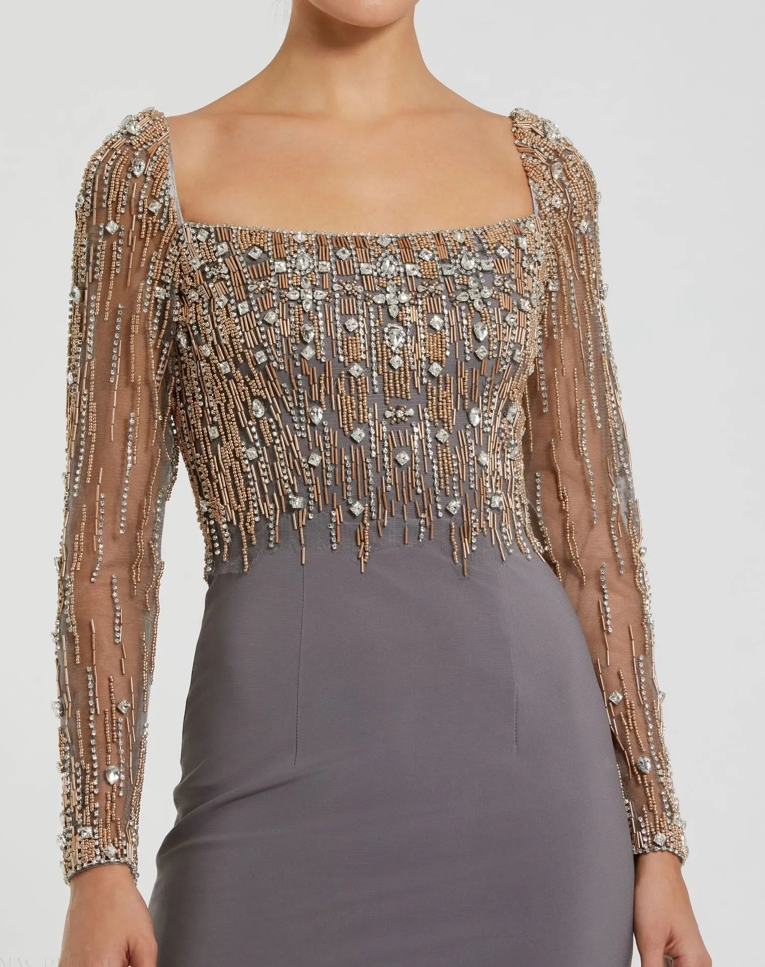 Gray Beaded Square Neck Long Sleeve Jersey Gown - Mac Duggal Gray Beaded Square Neck Long Sleeve Jersey Gown - Mac Duggal