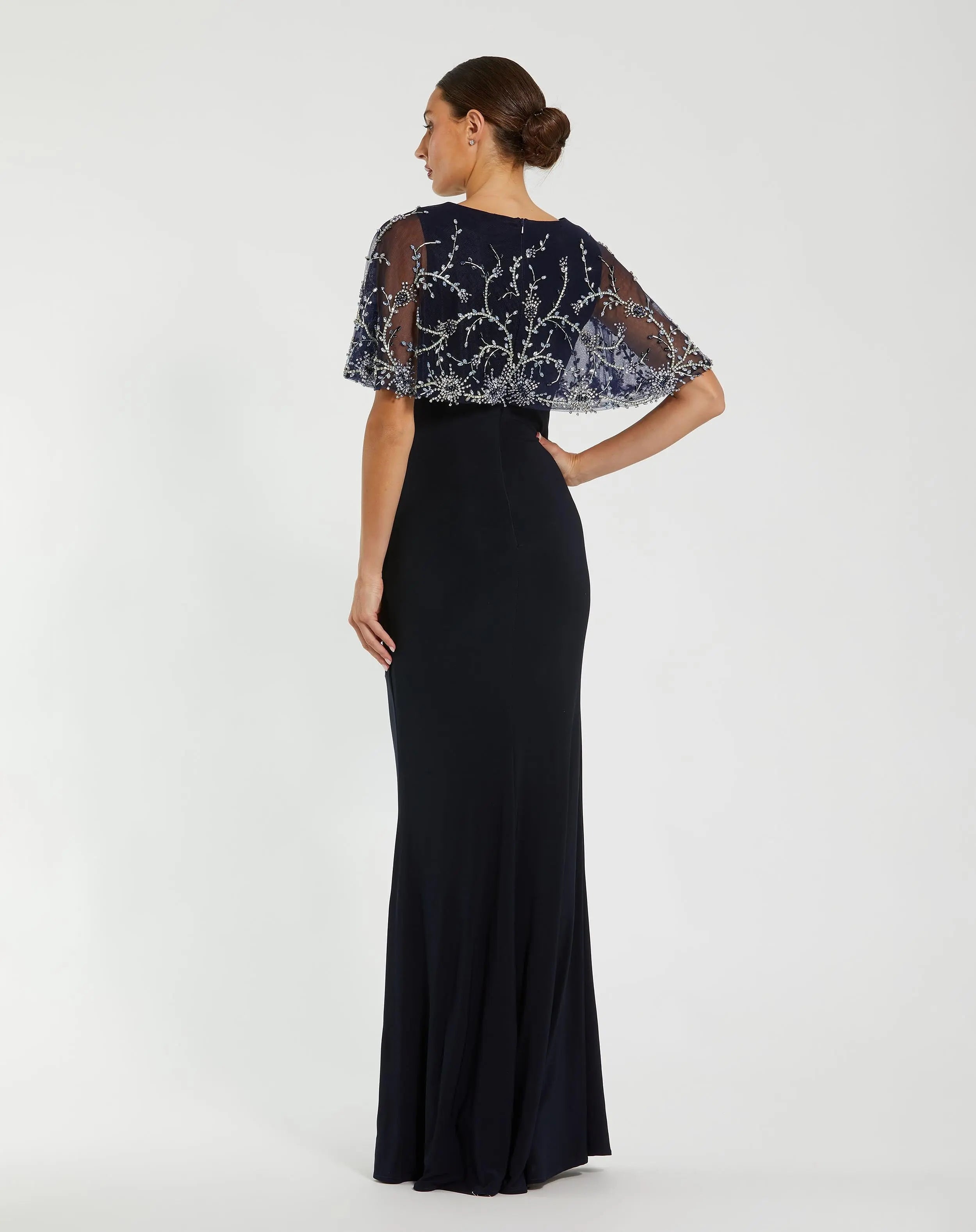Navy Embellished Fitted Gown with Cape and Draped Waist - Mac Duggal