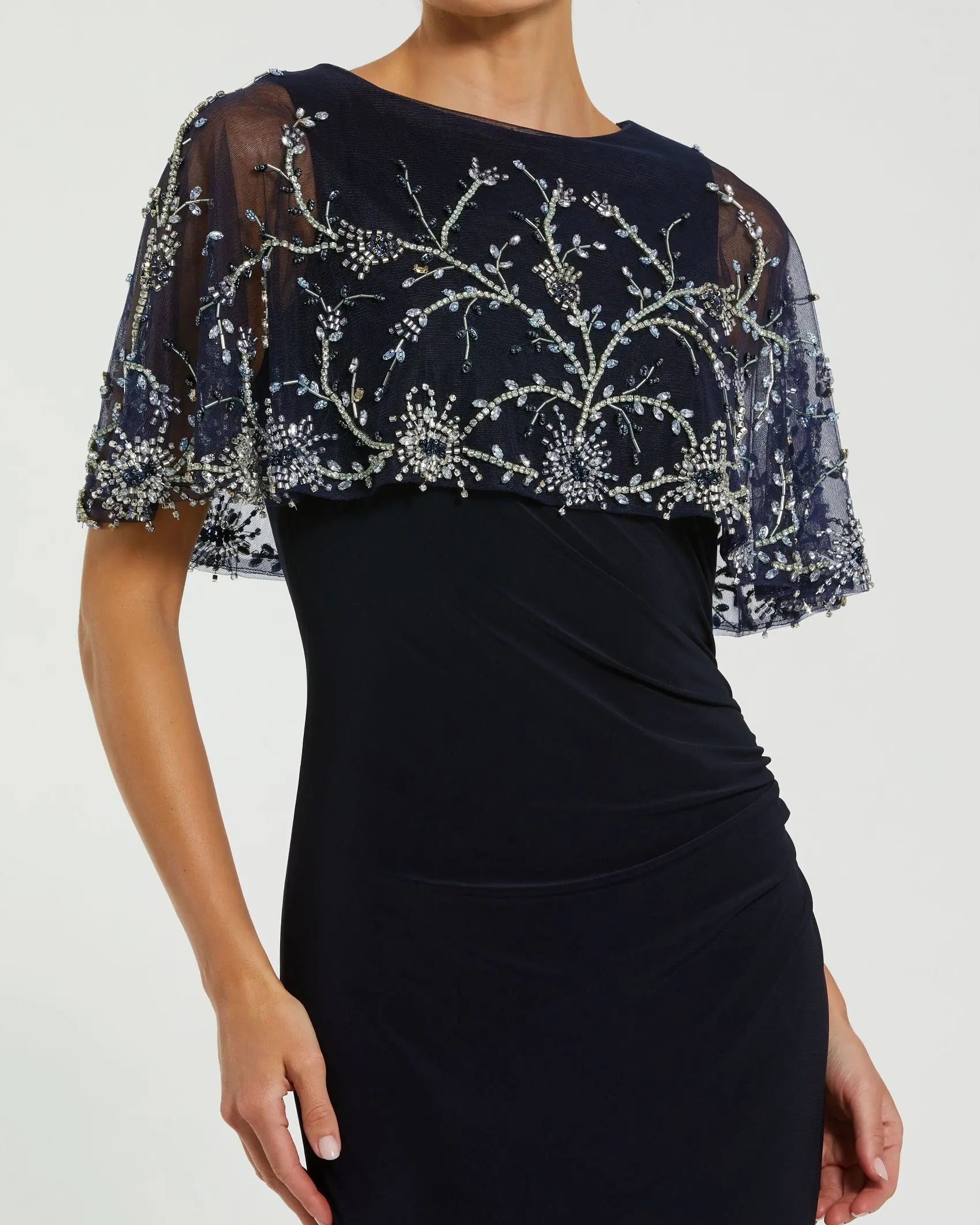 mac duggal navy blue dress Navy Beaded Lace Long V Neck Dress With Open Back main image 1