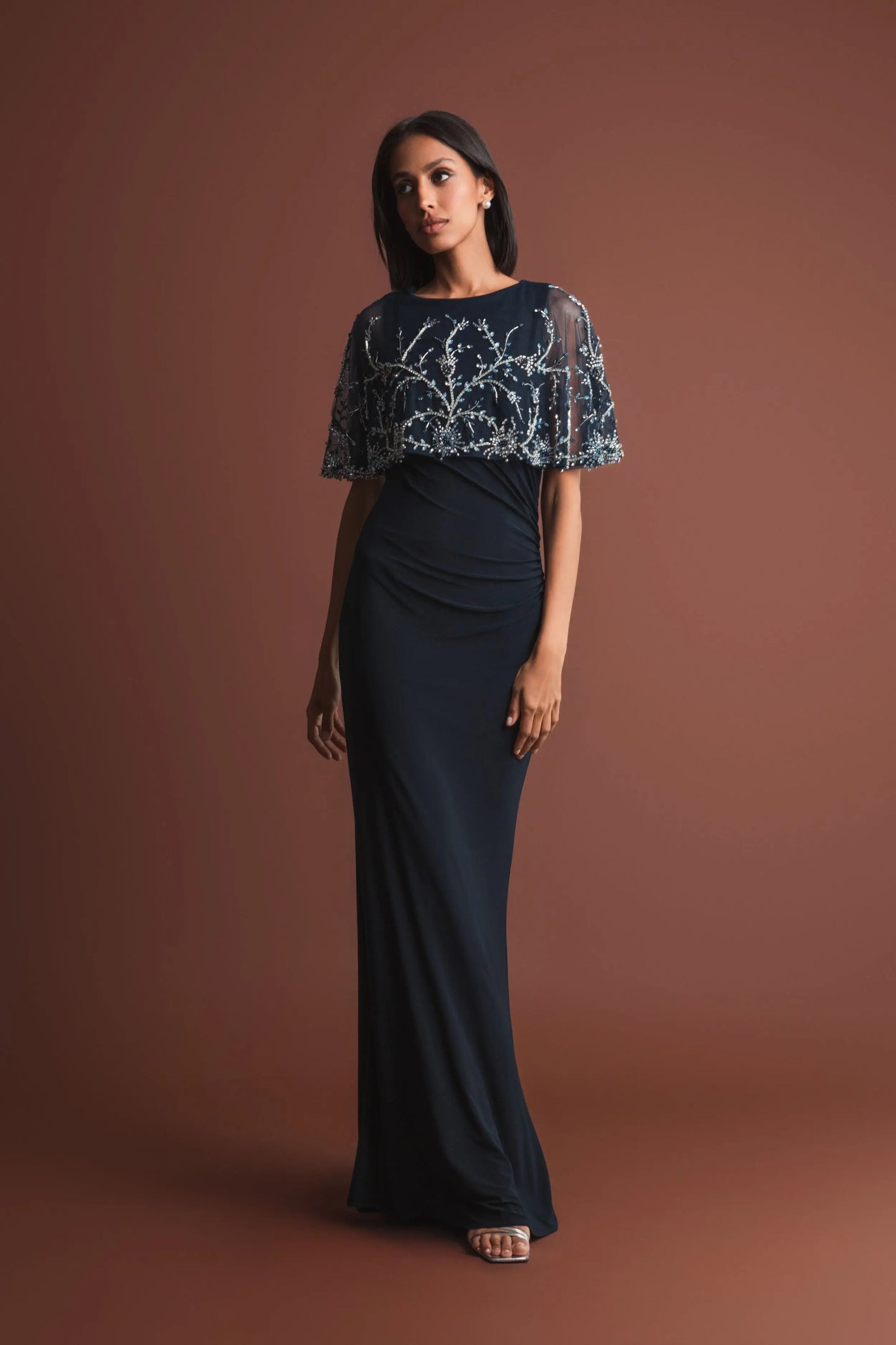 Navy Embellished Fitted Gown with Cape and Draped Waist - Mac Duggal