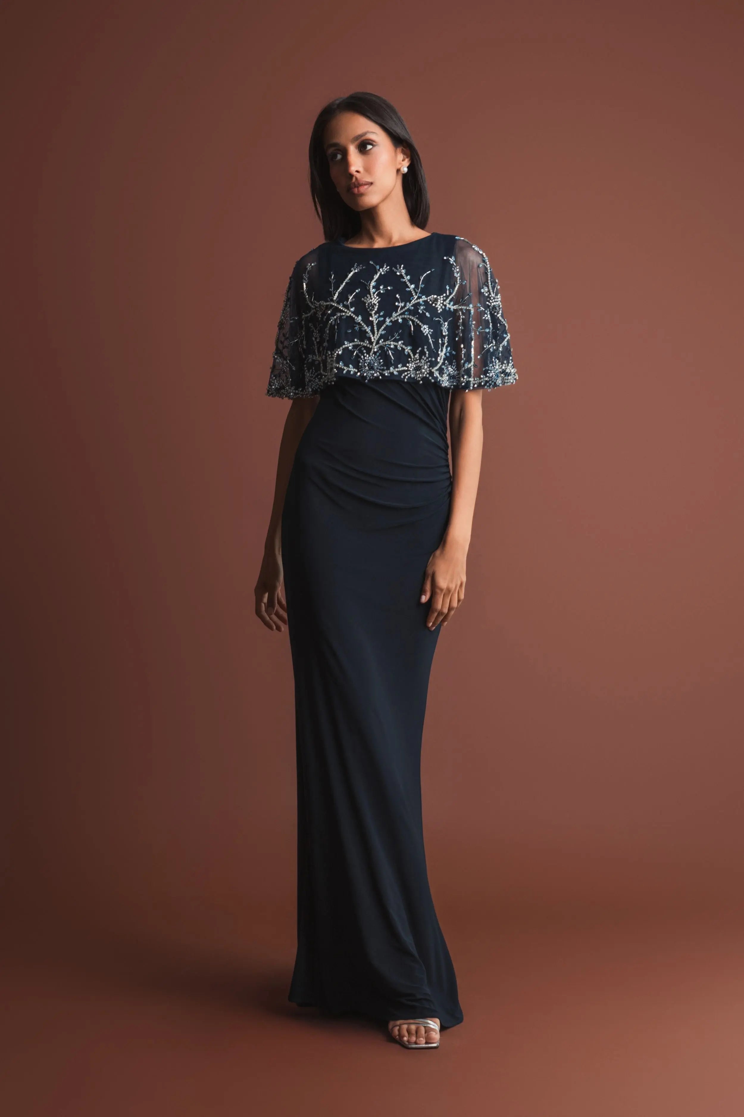 Navy Embellished Fitted Gown with Cape and Draped Waist - Mac Duggal