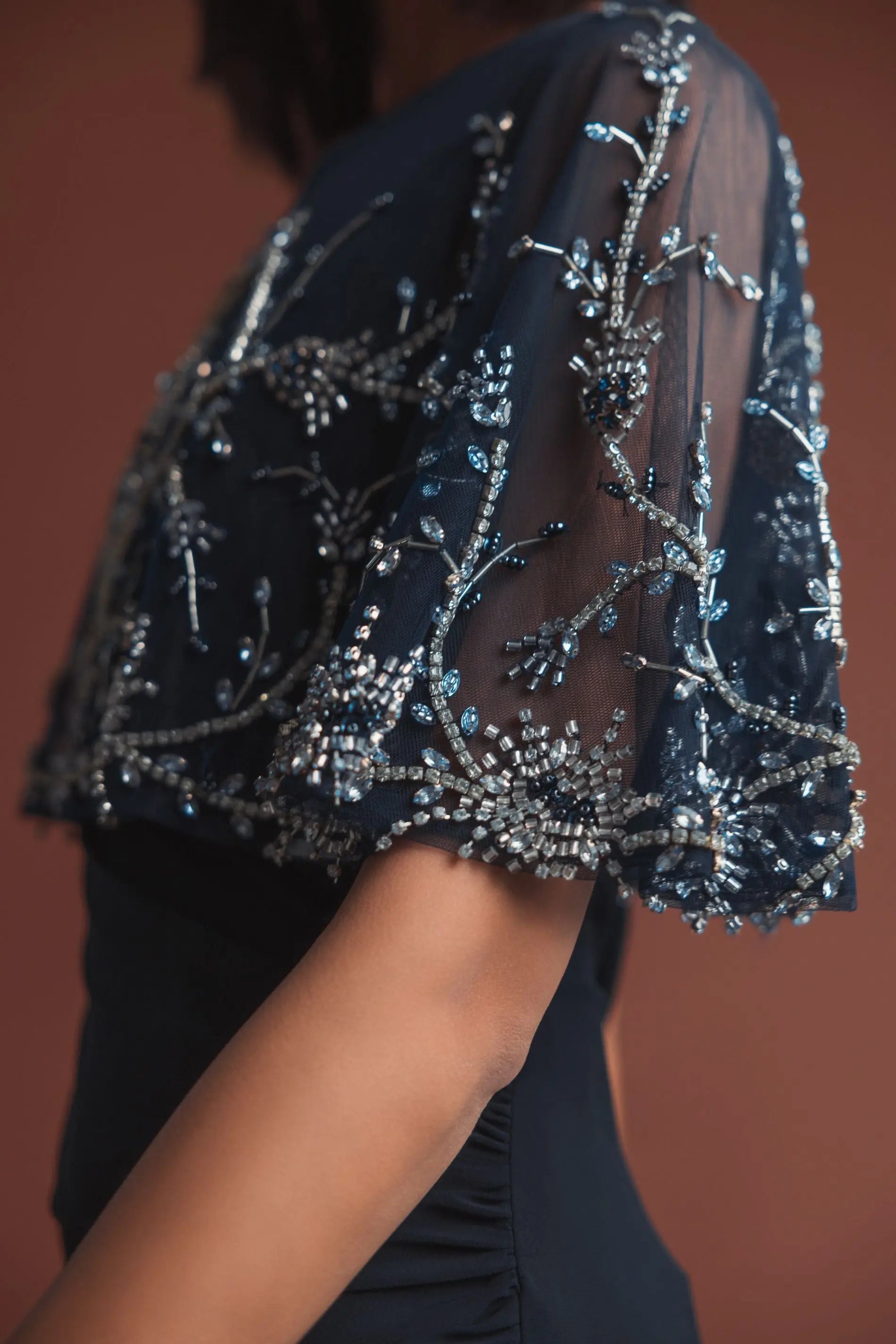 Navy Embellished Fitted Gown with Cape and Draped Waist - Mac Duggal