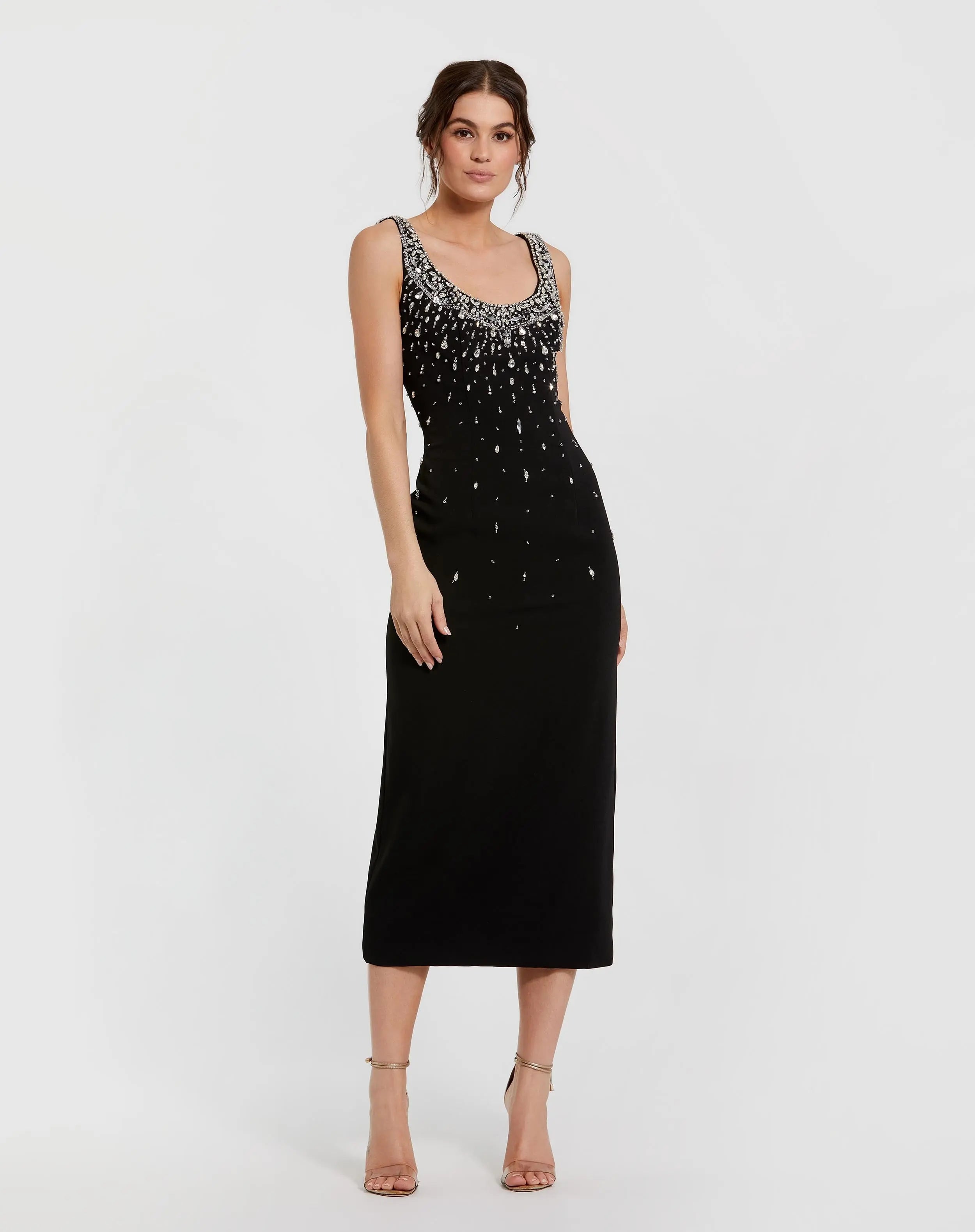 Black Beaded Crepe Scoop Neck Sleeveless Midi Dress - Mac Duggal