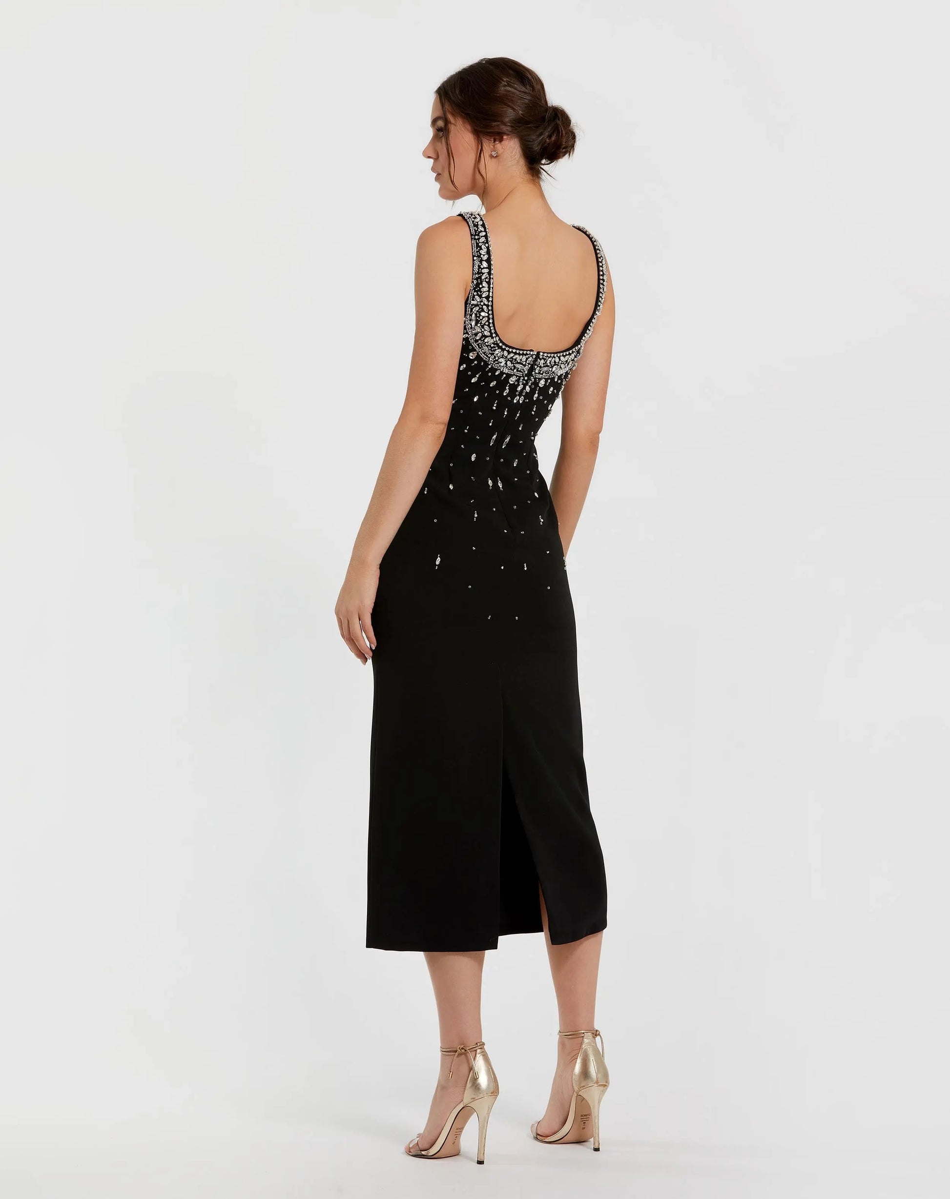 Black Beaded Crepe Scoop Neck Sleeveless Midi Dress - Mac Duggal