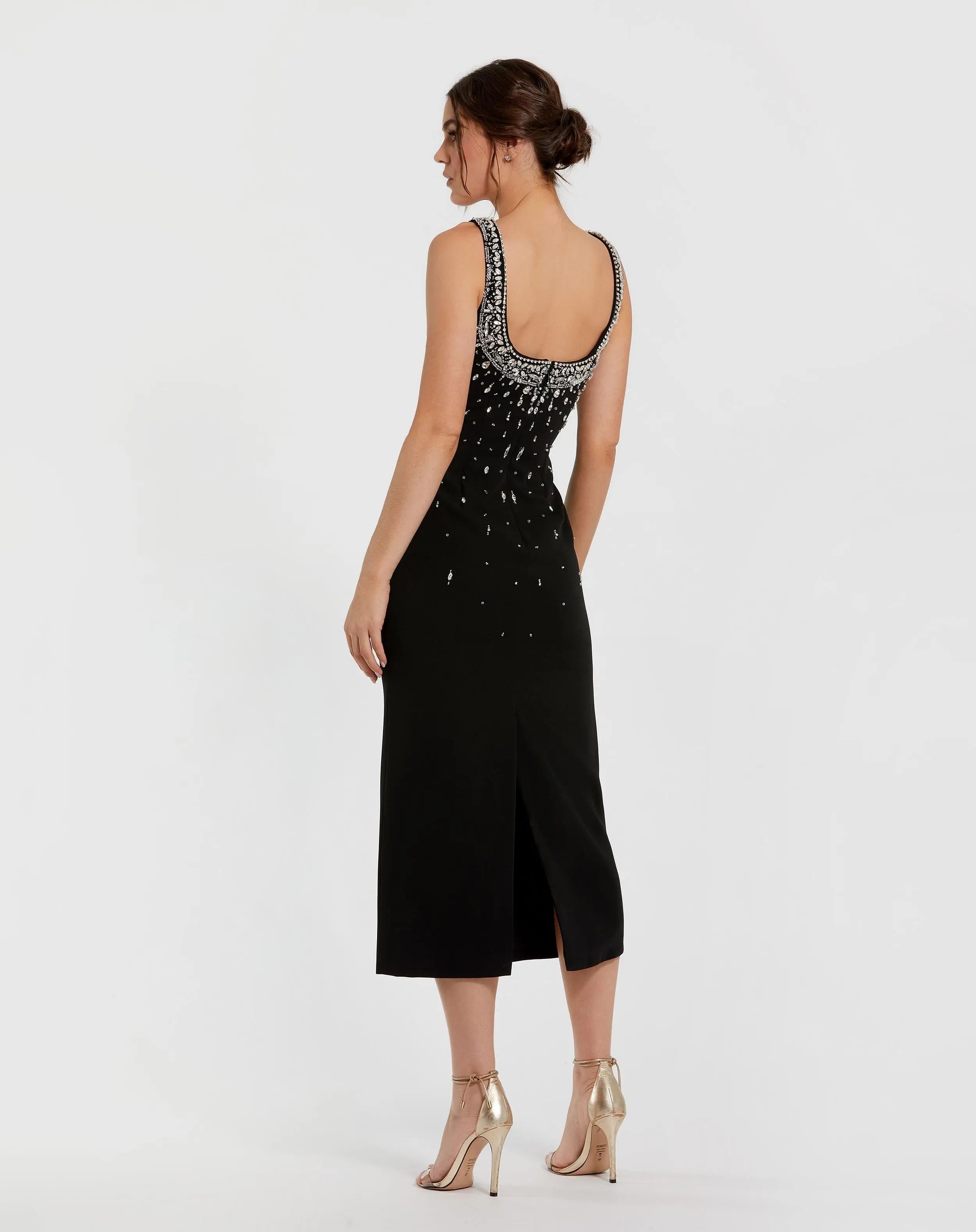 Black Beaded Crepe Scoop Neck Sleeveless Midi Dress - Mac Duggal