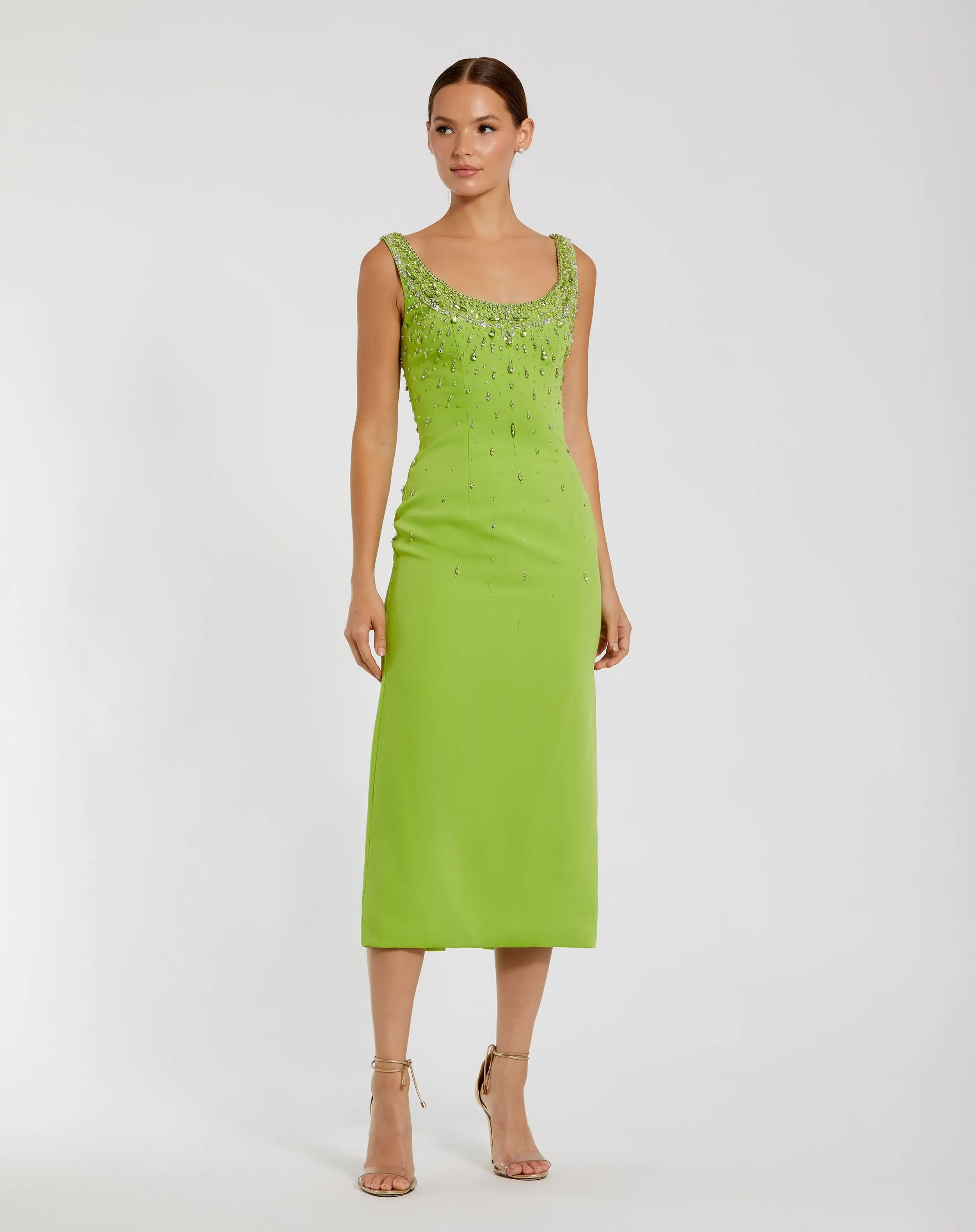 Green Beaded Crepe Scoop Neck Sleeveless Midi Dress - Ieena for Mac Duggal