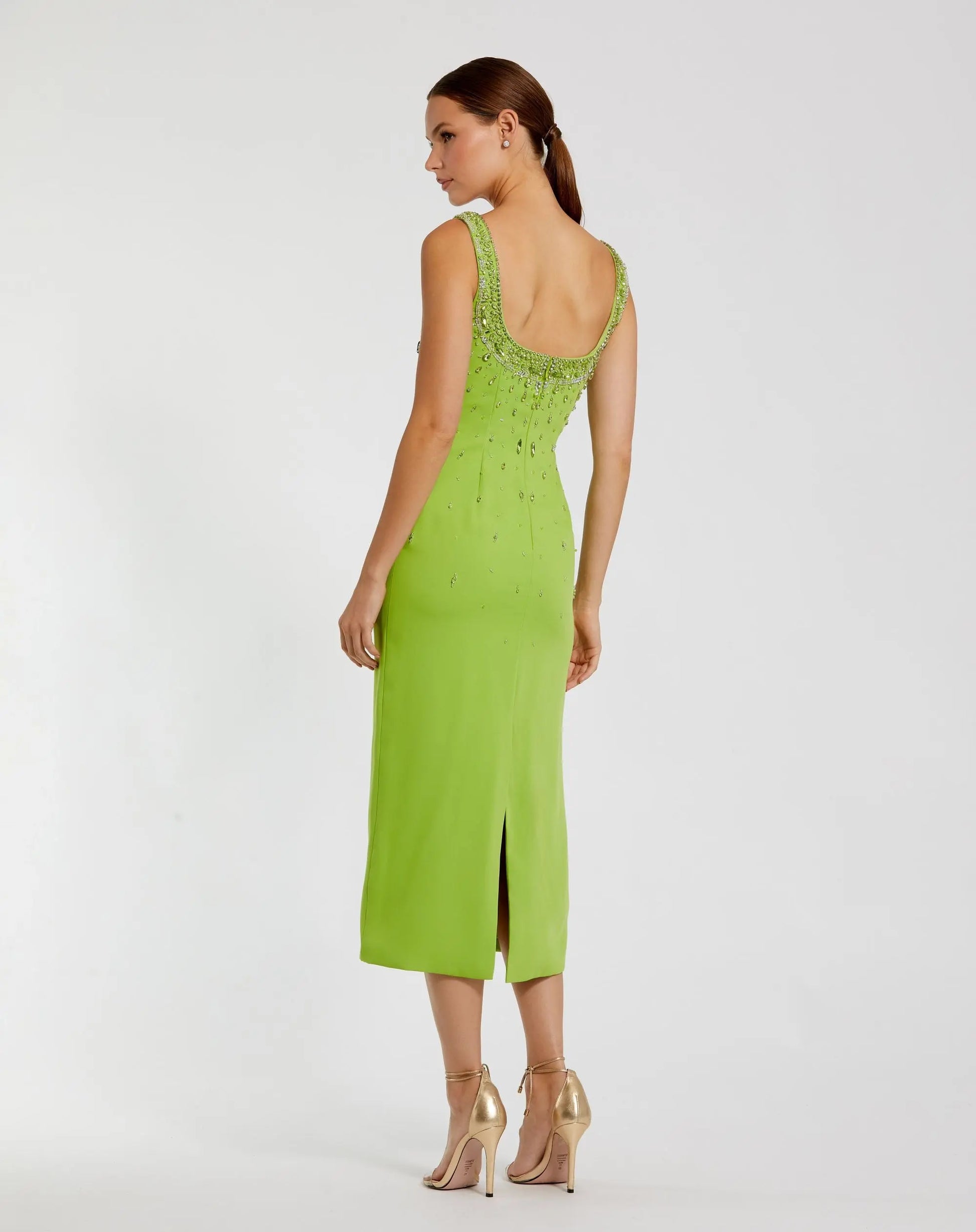 Green Beaded Crepe Scoop Neck Sleeveless Midi Dress | Mac Duggal Green Beaded Crepe Scoop Neck Sleeveless Midi Dress | Mac Duggal